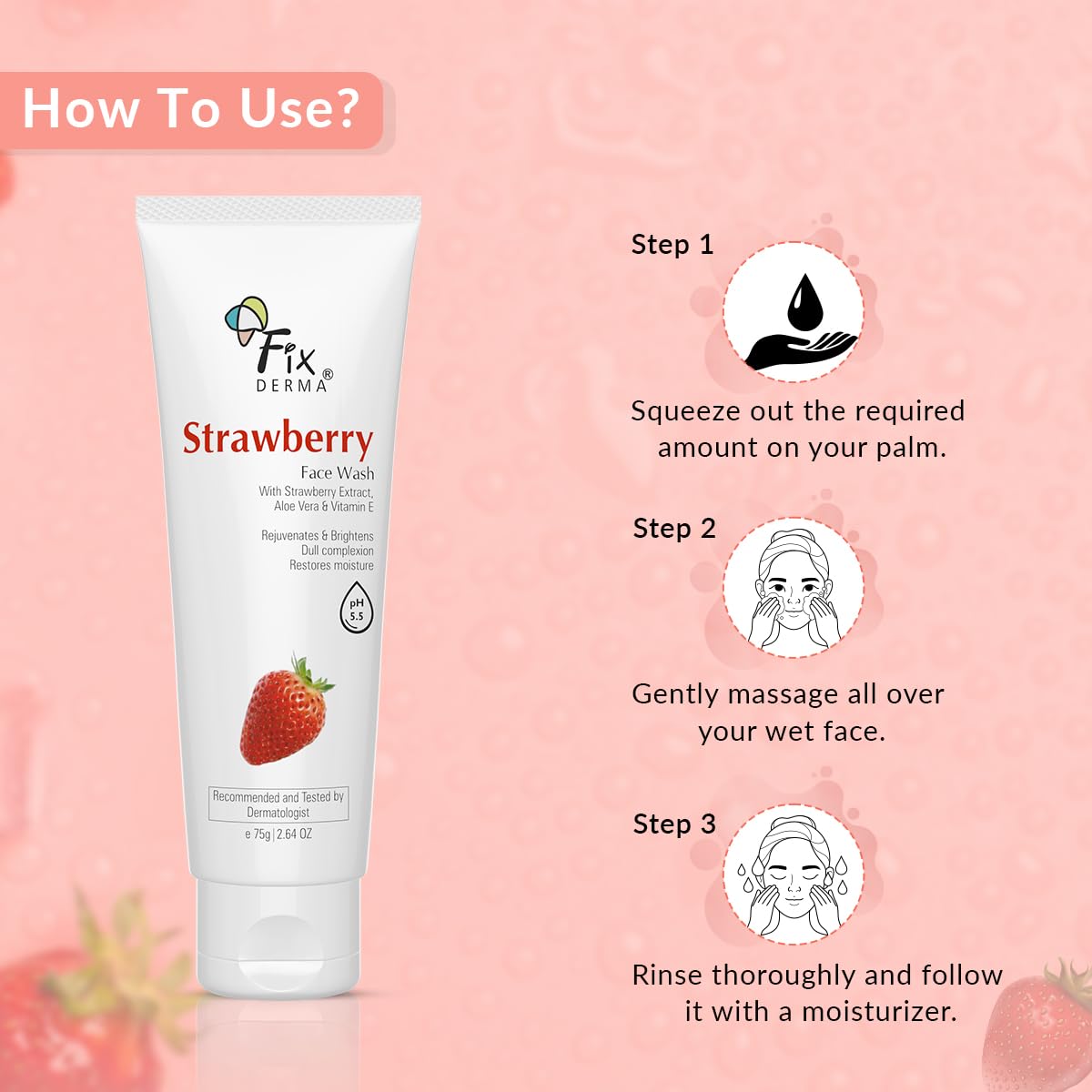 Fixderma Strawberry Face Wash with Vitamin E & Strawberry Extract | Face Wash & Face Cleanser | Face Wash for Oily Skin (All Type Skin) | Face Wash for Women & Men - 75g