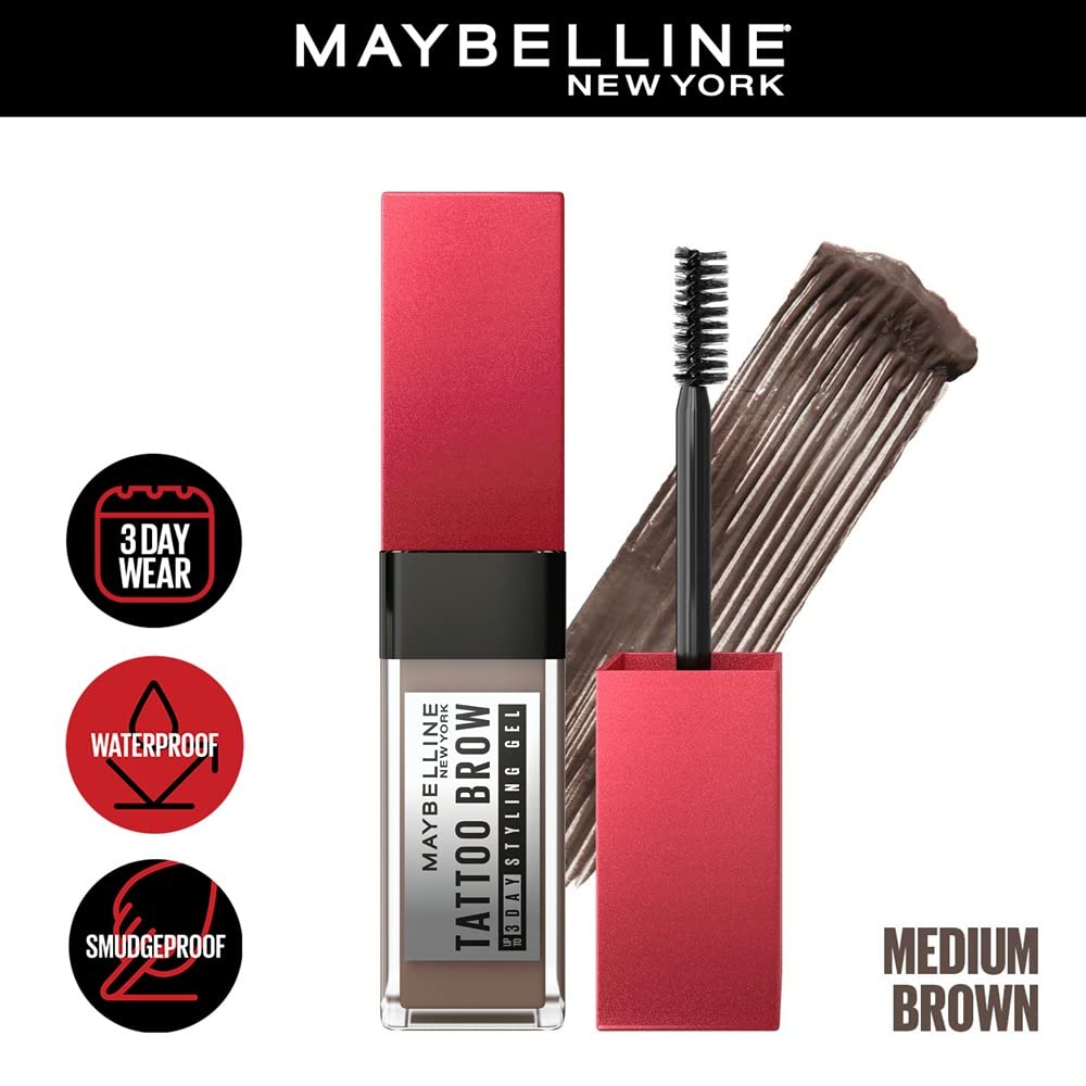 Maybelline New York Tattoo Brow 3 Day Styling Brow Gel - Medium Brown, Semi-permanent Tinted Eyebrow Gel, Water, smudge & Transfer-proof. Tattoo Brow 3 Day Styling Brow Gel Last Up To 3 Days | 6ml