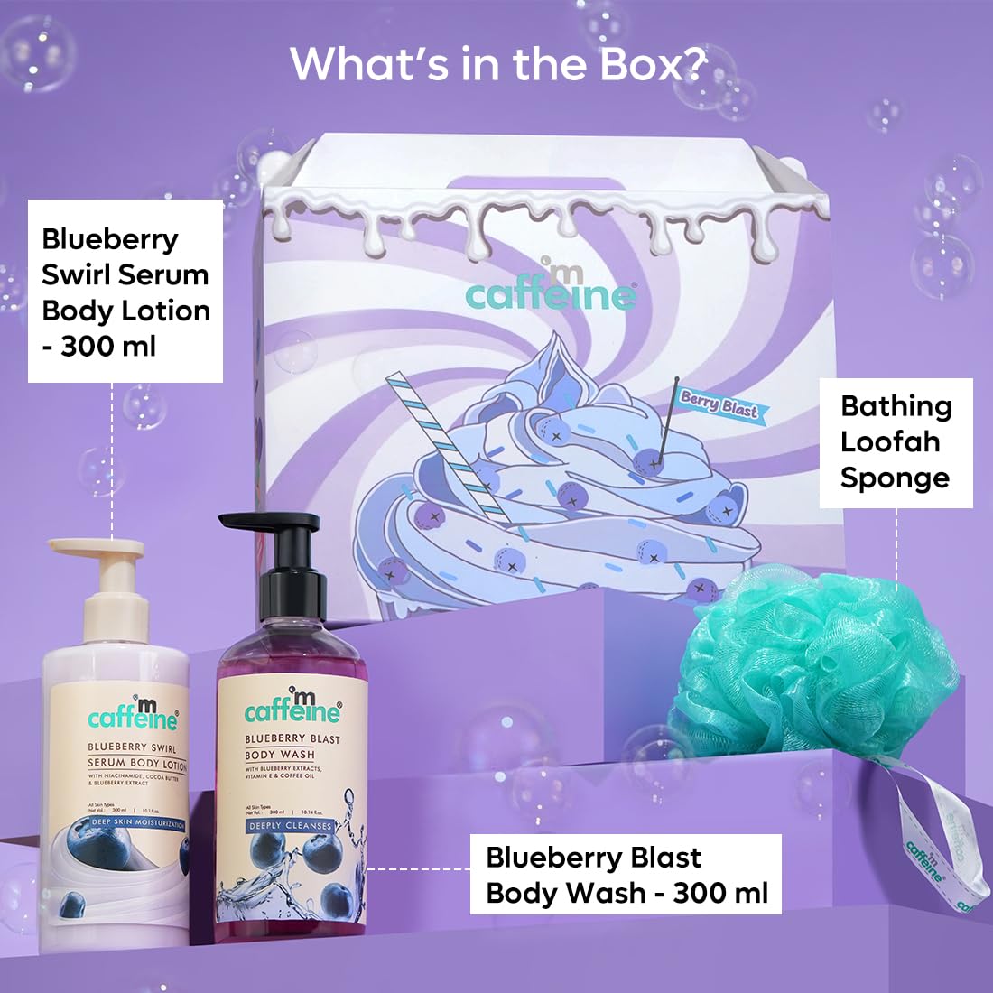 mcaffeine Blueberry Escape Bath & Body Gift Kit|Body Wash, Body Lotion, Teal Loofah|Gift Set For Men And Women|Pampering Kit For Birthday, Anniversary & All Special Occasions| 100% Vegan