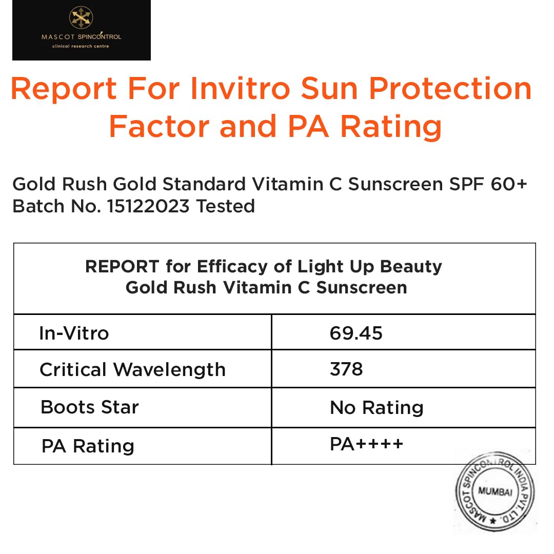 Light Up Gold Rush Gold Standard Vitamin C + 1% Ceramide Complex Sunscreen, Spf 60 Pa ++++, Uva/Uvb Filters Anti Blue Light Anti Pollution - 50G|For All, Normal, Oily, Dry, Sensitive Skin Types
