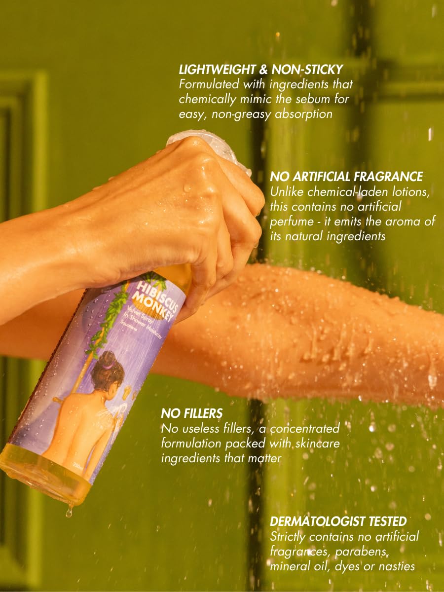 HIBISCUS MONKEY Velvet Spray Squalene In Shower Body Moisturizer | Olive Squalane, Castor Oil, Plant Salicylic (0.3%) | Intensive Moisturization For Dry Skin, Bumpy Skin| 250 Ml