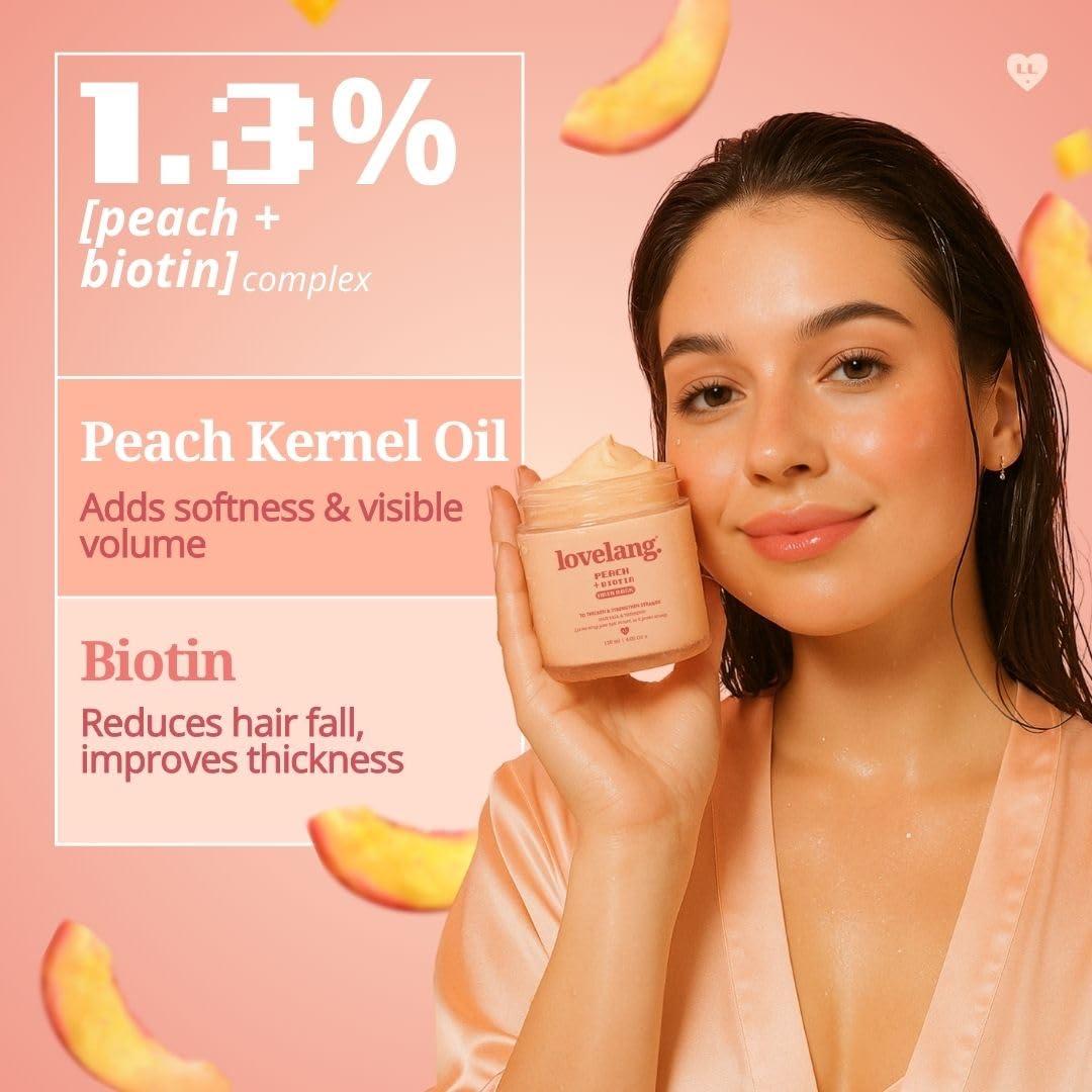 lovelang Peach + Biotin Hair Mask | Deep Nourishment for Hair Fall & Thinning | Thickens, Fortifies & Softens | 120ml | Peach Scented | For All Hair Types