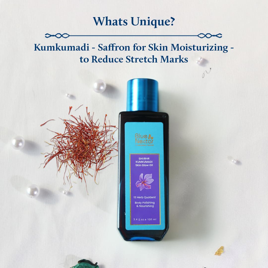 Blue Nectar Kumkumadi Body Oil for Glowing Skin | Moisturizing Body Oil for Dry Skin with Relaxing Aroma | Plant Based Body Oil for Women & Men (12Herbs, 200ml)