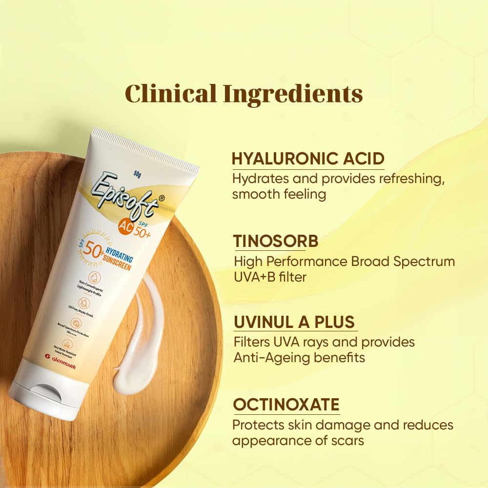 Episoft AC SPF 50 + sunscreen | Maximum Hydration | Protection against both UV-A/UV-B, Water and Sweat Resistance | Lightweight | With anti-aging benefits | For all Skin Types | No white cast | 50 G