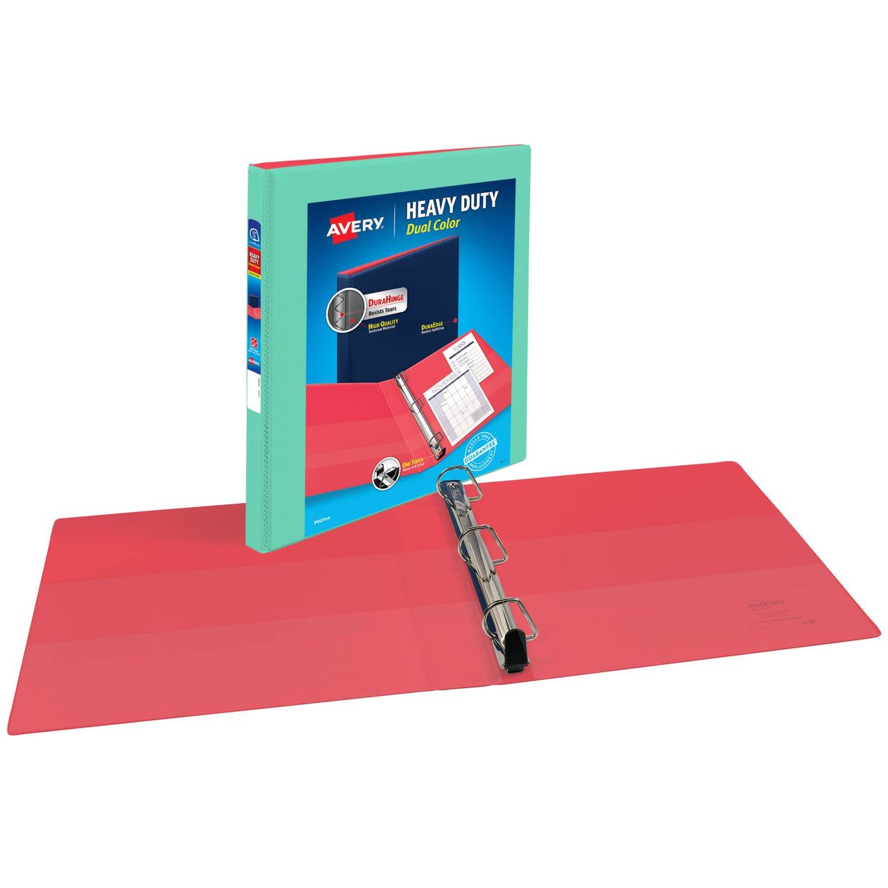 Avery Heavy-Duty Dual Color 3 Ring Binder, 1/2 Inch Slant Rings, Mint/Coral View Binder (17881) .5"