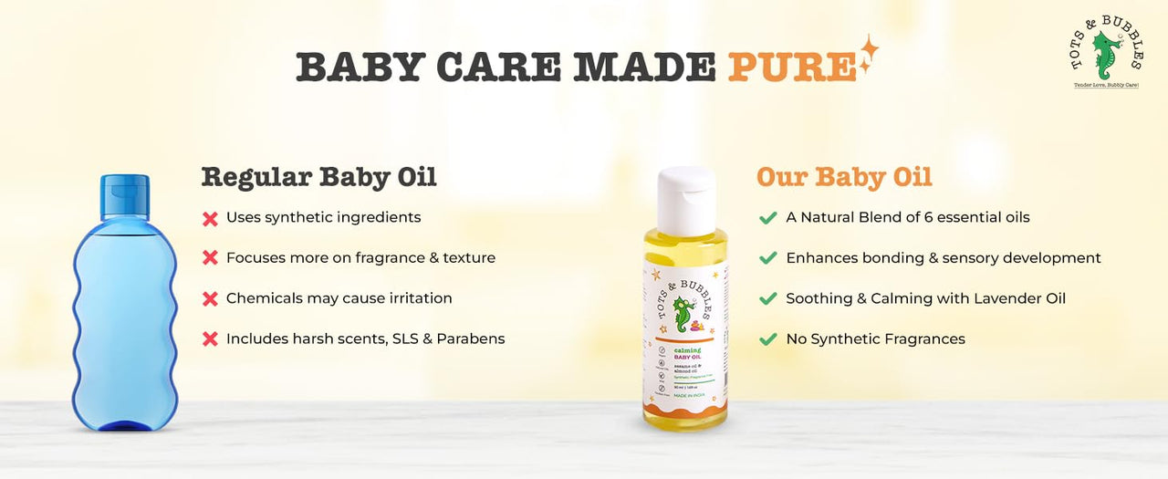 Tots & Bubbles Calming Baby Massage Oil with Sweet Almond & Olive Oil - 50 ml | Enriched with of Shea butter, Lavender & Mustard | Gentle on the skin, Free from Harmful Chemicals, No Artificial Scent