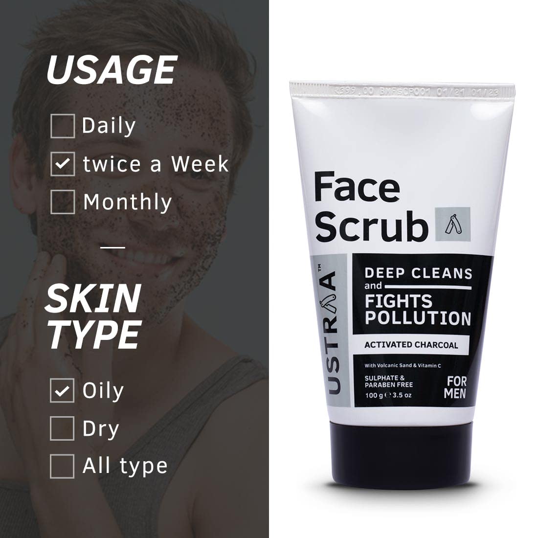 Ustraa Face Scrub for Men - 100g - with Activated charcoal, Tahitian Volcanic Sand & Walnut Granules - Great for Exfoliating skin & facial detox, Fights blackheads - For All Skin type