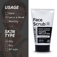 Ustraa Face Scrub for Men - 2 x 100g - with Activated charcoal, Tahitian Volcanic Sand & Walnut Granules - Great for Exfoliating skin & facial detox, Fights blackheads - For All Skin type (Set of 2)
