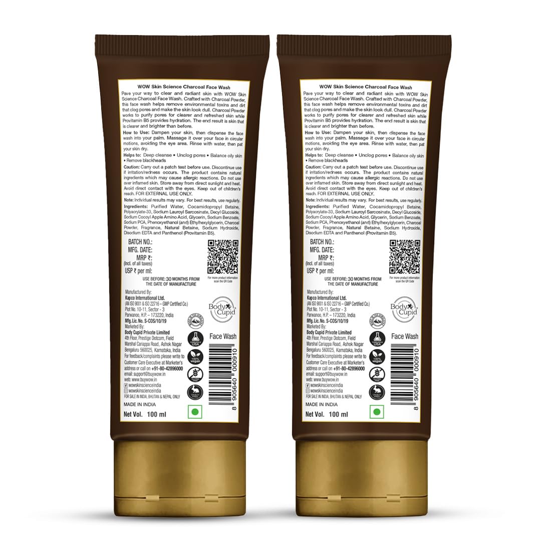 WOW Skin Science Charcoal Face Wash | Detoxifies Skin | Unclogs Pores | Lifts of Pollutants & Dirt | 100ml | Pack of 2