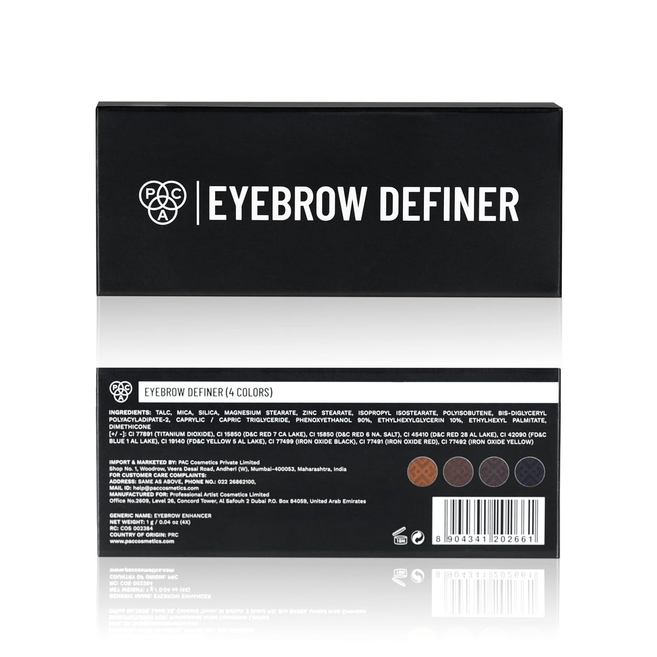 PAC Eyebrow Definer Palette (4 colors) | Comes with 2-in-1 Angled & Spoolie Brush | Fine Buildable Powder Formula | Long Wearing & Blendable Shades | 4G