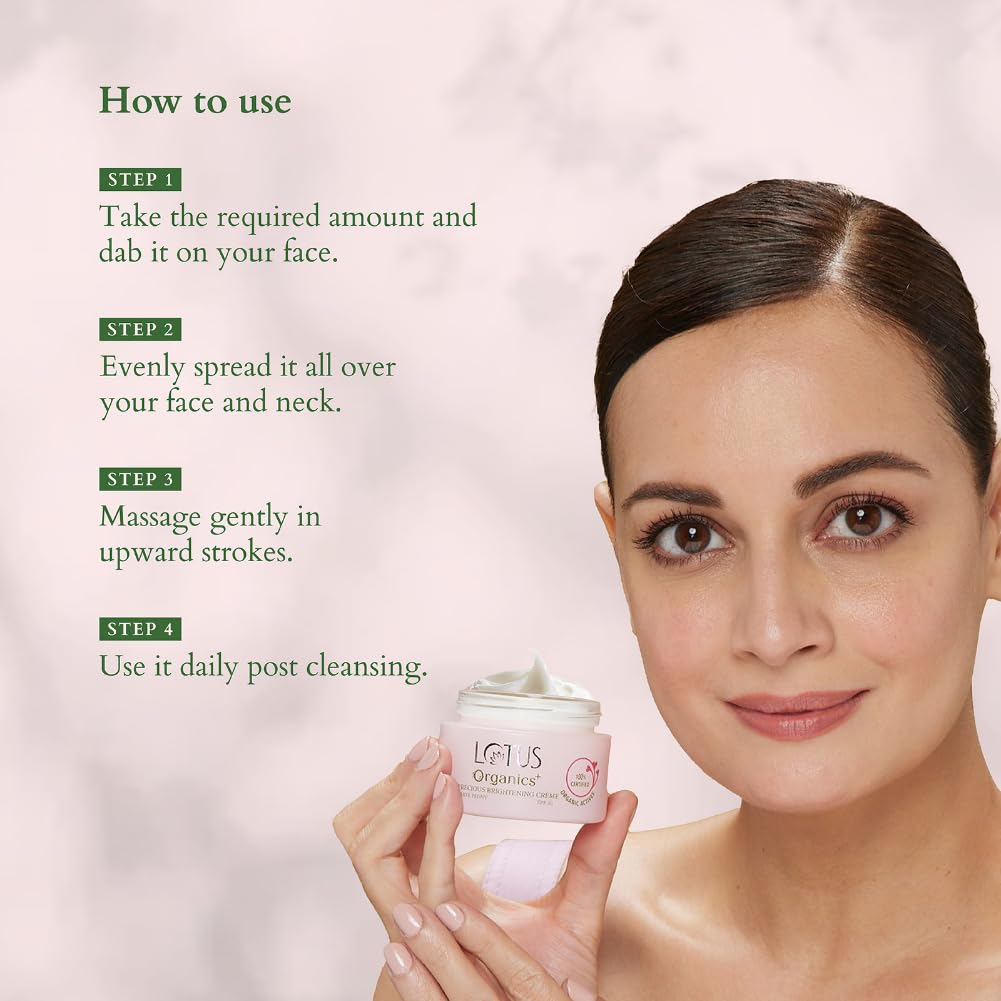 Lotus Organics+ Precious Brightening Cream | For Dark Spots, Blemishes & Pigmentation | SPF 20 Moisturizer | 50g