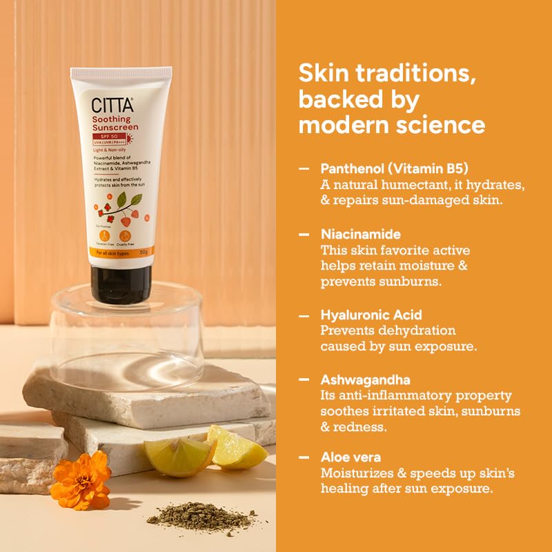 CITTA Soothing Sunscreen SPF 50 PA+++ For Men & Women | Broad Spectrum Protection Hydrating Sunscreen For All Skin Types | No White Cast, Non-Greasy & Quick- Absorbing | Power Blend Of Niacinamide, Thanaka & Ashwagandha | 50 gm