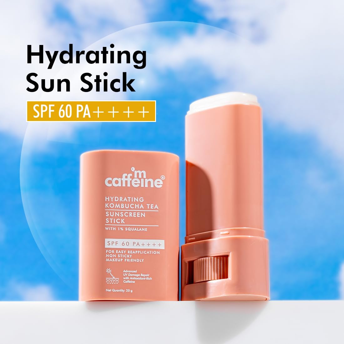 Mcaffeine Hydrating Sunscreen Stick Spf 60 Pa++++ With 1% Squalane, Ceramides, Hyaluronic Acid & Kombucha Tea For All Skin Type, Uva-Uvb & Blue Light Protection + Barrier Repair|For Men & Women, 20G