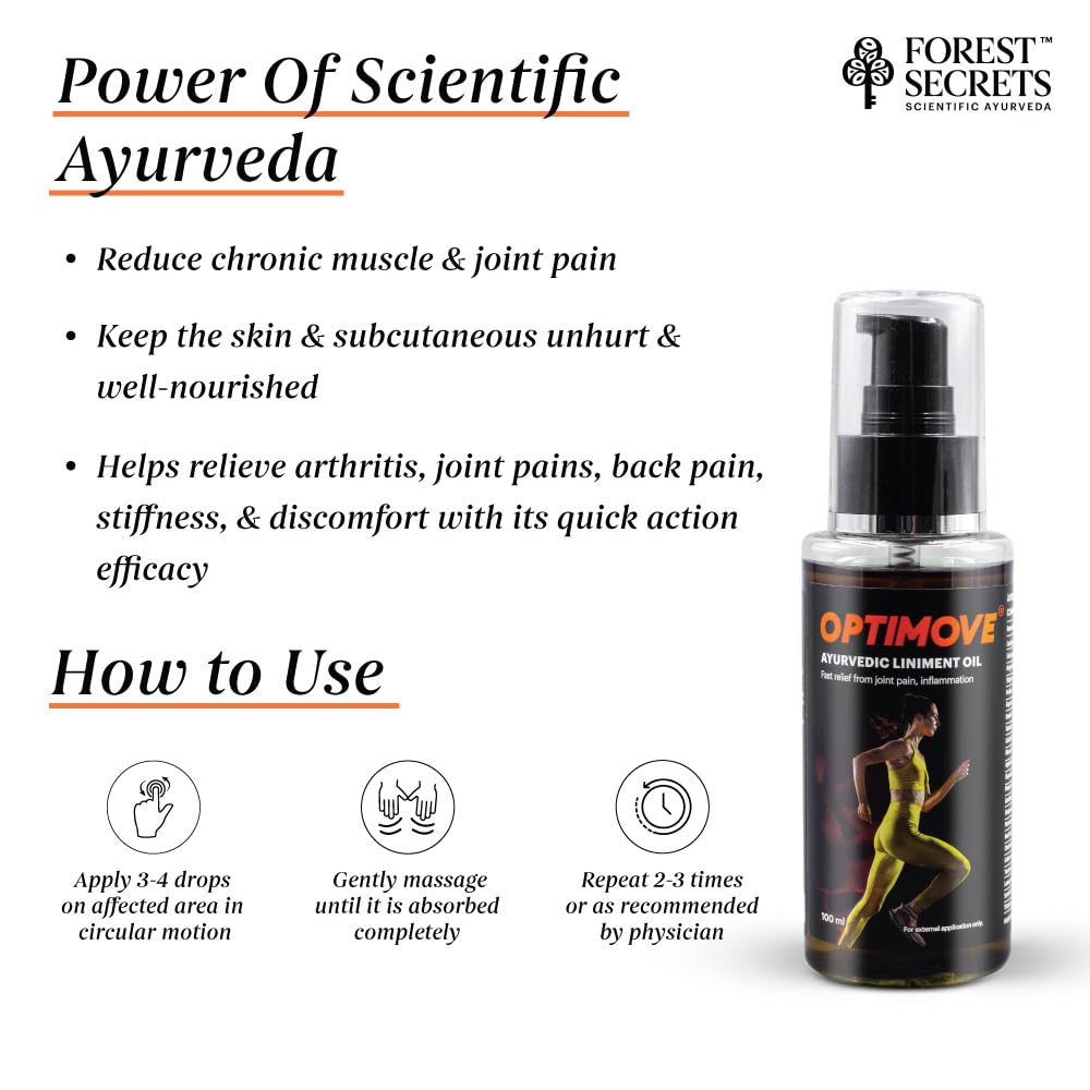 Forest Secrets Optimove Liniment Oil 100ml | Ideal for Back Pain, Muscle Pain, Joint Pain, Knee Pain | Ayurvedic Pain Relief Oil | Suitable for Sports & Gym related Injuries | Pack of 2