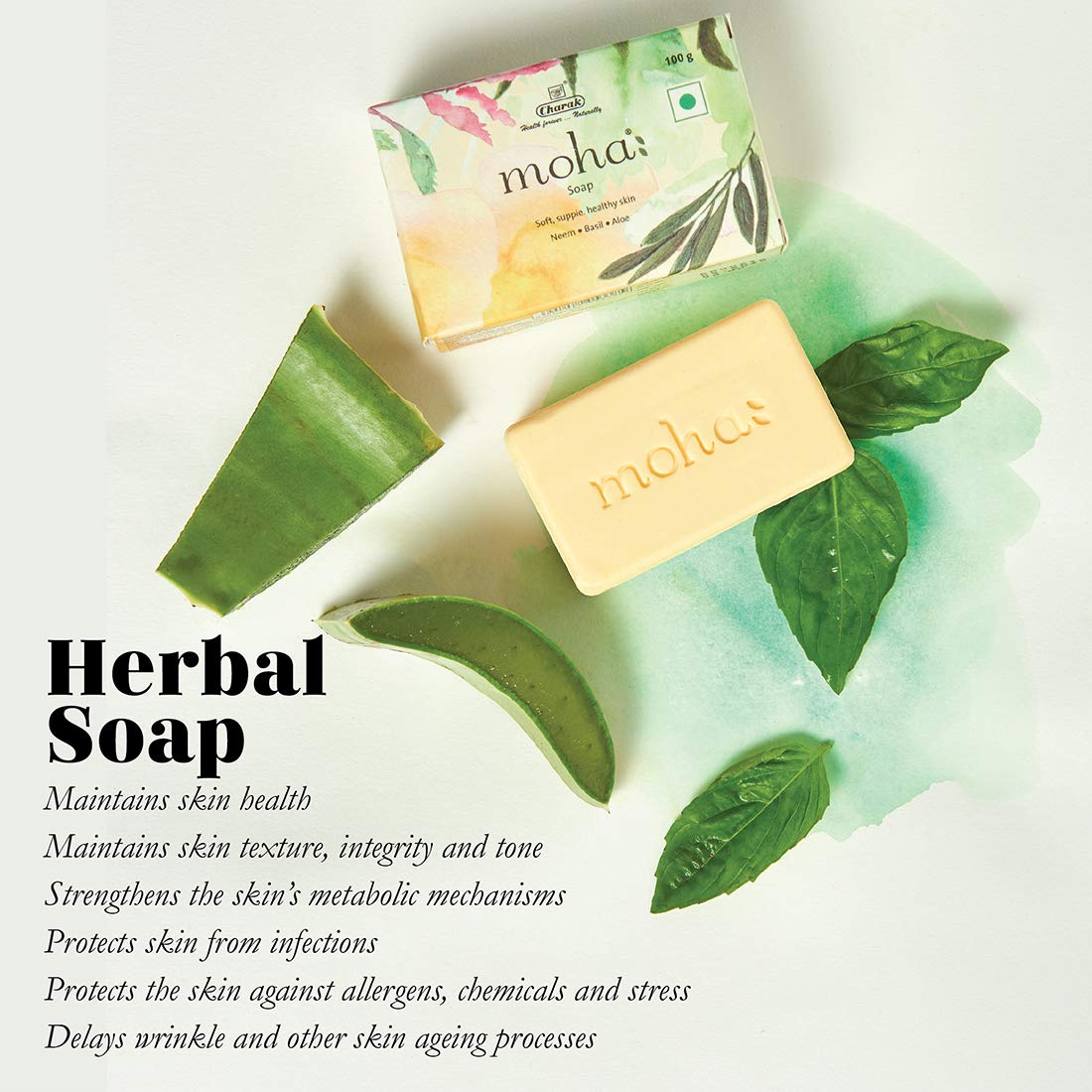 moha Herbal Soap A natural face & body cleanser! With Goodness Of Aloe Vera Gel, Basil & Neem used as bathing Soap, Face & Body Soap, Unisex Bathing Bar - 100gm each (Pack of 3)