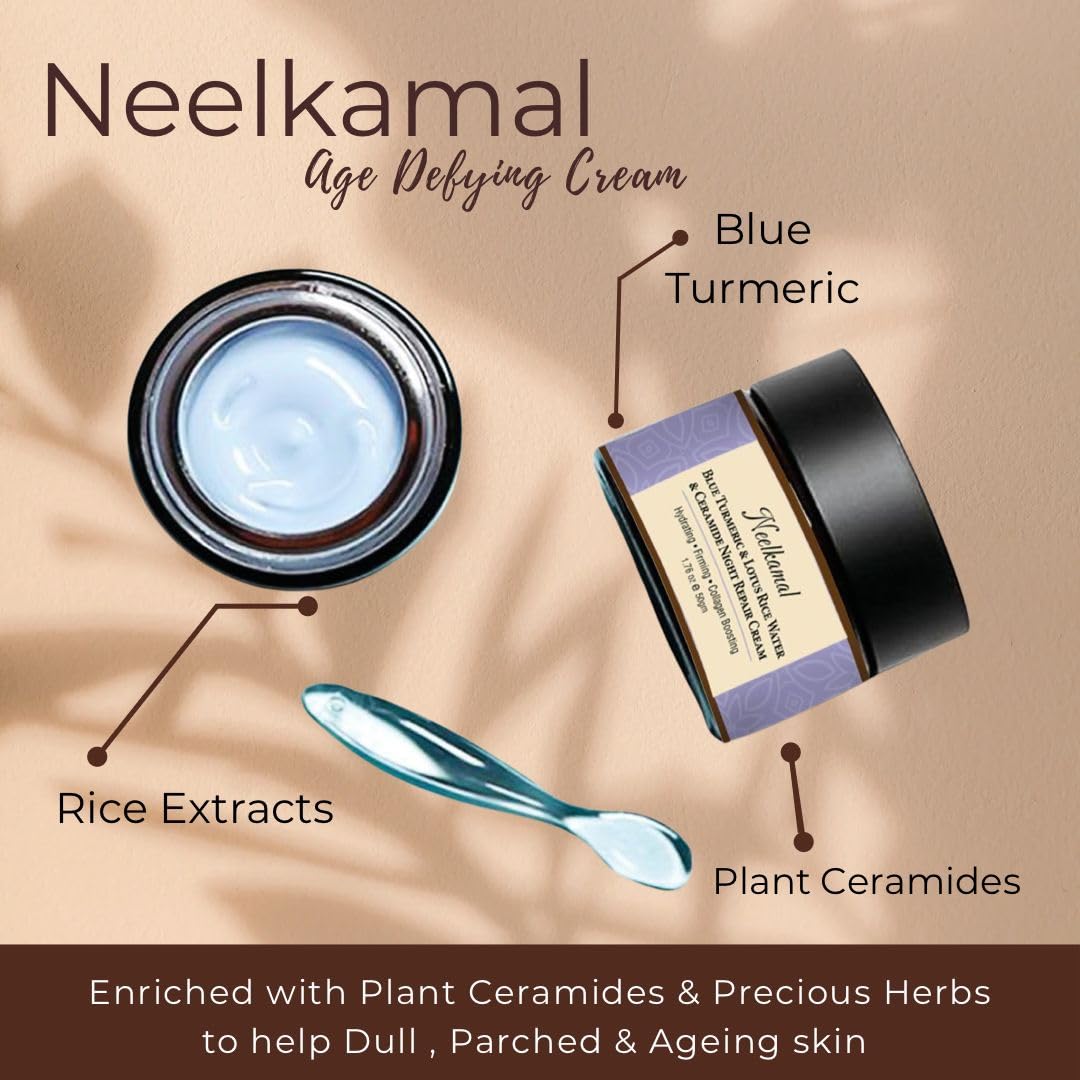Herbs & Greens Blue Turmeric & Lotus Rice Water Ceramide Night Repair Moisturizer Cream | Hydrating, Firming, Collagan Boosting | Skin Barrier Face Cream For Woman & Men | All Skin Types | 50gm