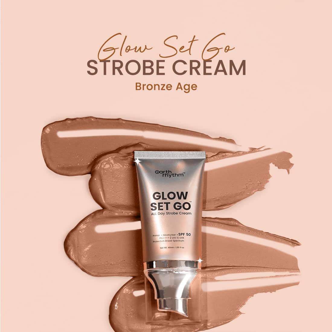 Earth Rhythm Glow Set Go Multipurpose Strobe Cream Spf 50 Pa++++, Shimmery | Used As Moisturizer, Primer, Highlighter | Cocoa Butter, Vitamin E, Willow Bark Extract - Bronze Age - 40Ml