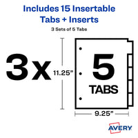 Avery Dividers for 3 Ring Binders, 5-Tab Binder Dividers, Two-Pocket Plastic Binder Dividers, Insertable Big Tabs, Multicolor, 3 Sets (71906)