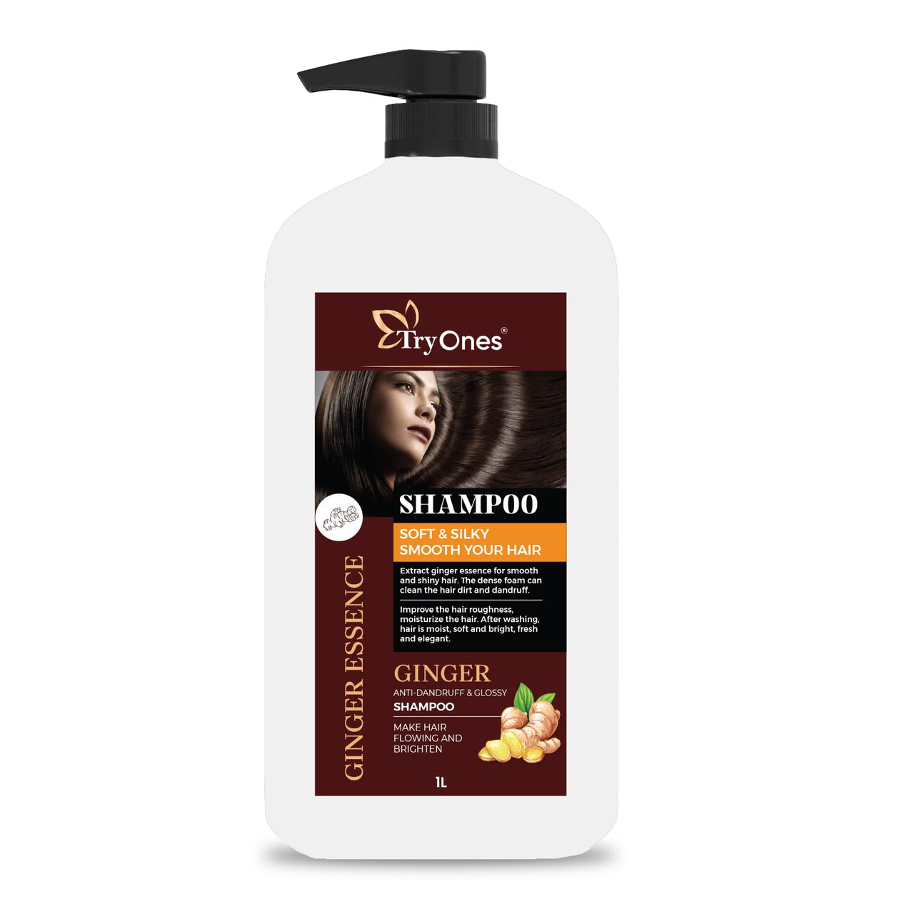 TryOnes Dandruff-Control Shampoo | Ginger Root | Anti Dandruff | Silicon, Sulphate & Chemical Free | For All Hair Types | 1000ml
