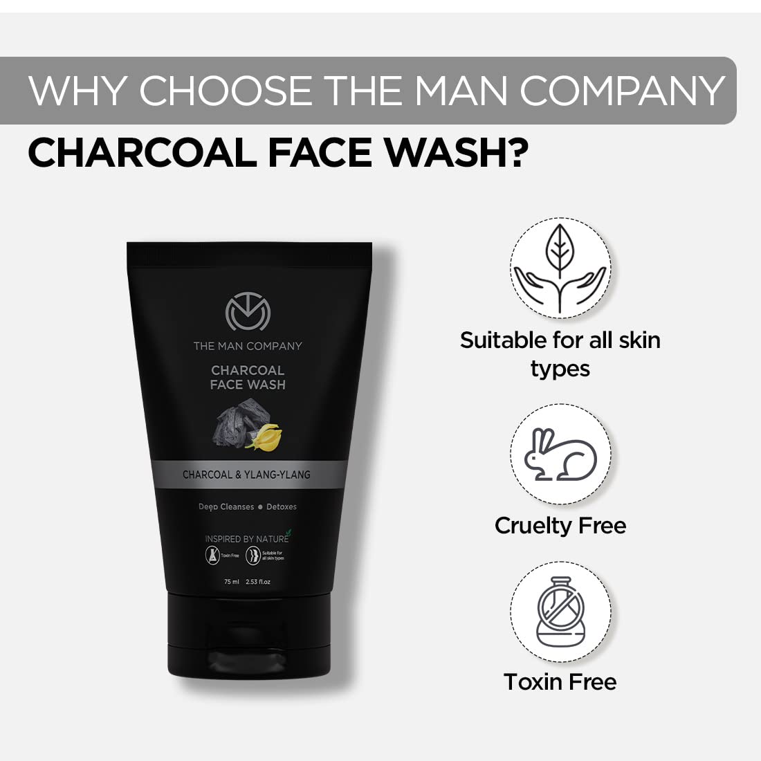 The Man Company Charcoal Face Wash (Buy 1 Get 1 Free) -75ml Each | Ylang Ylang | Anti Pollution, Acne Oil Control | Deep Cleansing | Blackheads Removal | All Skin Types