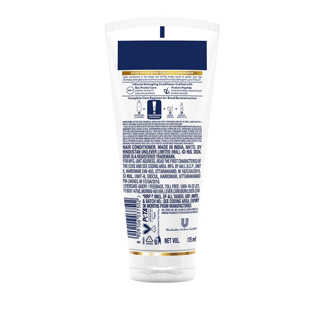Dove Peptide Bond Strength Conditioner for Dry & Damaged Hair - 175 ml | Enriched with PROTEIN PEPTIDES | Reconstructs broken Bonds for Fortified, Detangled & Smooth Hair