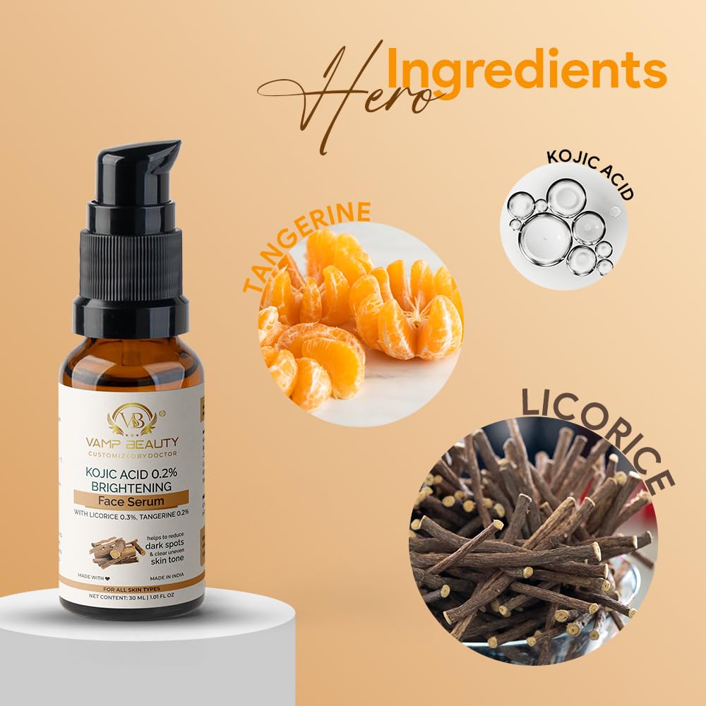 Vamp Beauty Kojic Acid 0.2% Brightening Face Serum | With Licorice 0.3% & Tangerine 0.2% | Reduces Dark Spots & Pigmentation | For Glowing Skin & Even Tone | All Skin Types | 30ml