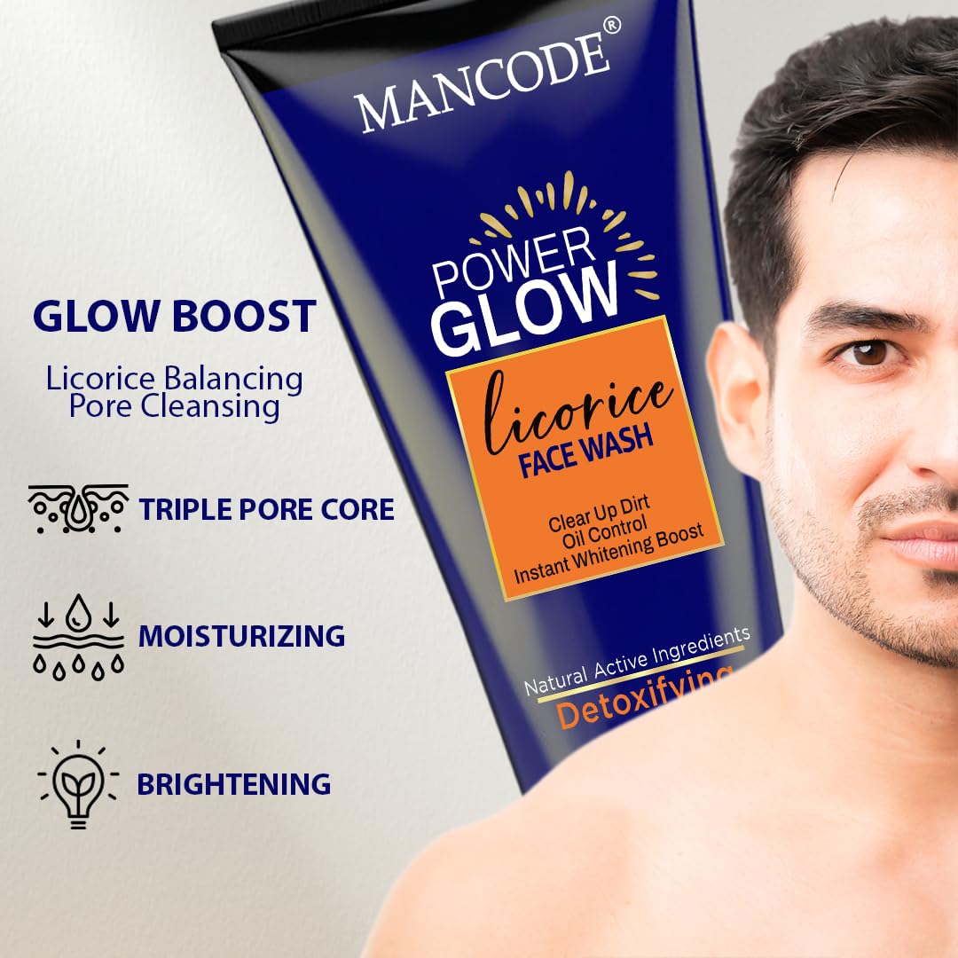 Mancode Power Glow Face Care Combo for Unusex | Face Scrub, Face Wash & Whitening Cream | Deep Cleansing, Exfoliation & Brightening | Natural Ingredients with Saffron, Turmeric, Kojic Acid & Licorice | Hydrating & Reduces Dark Spots Pack of 3
