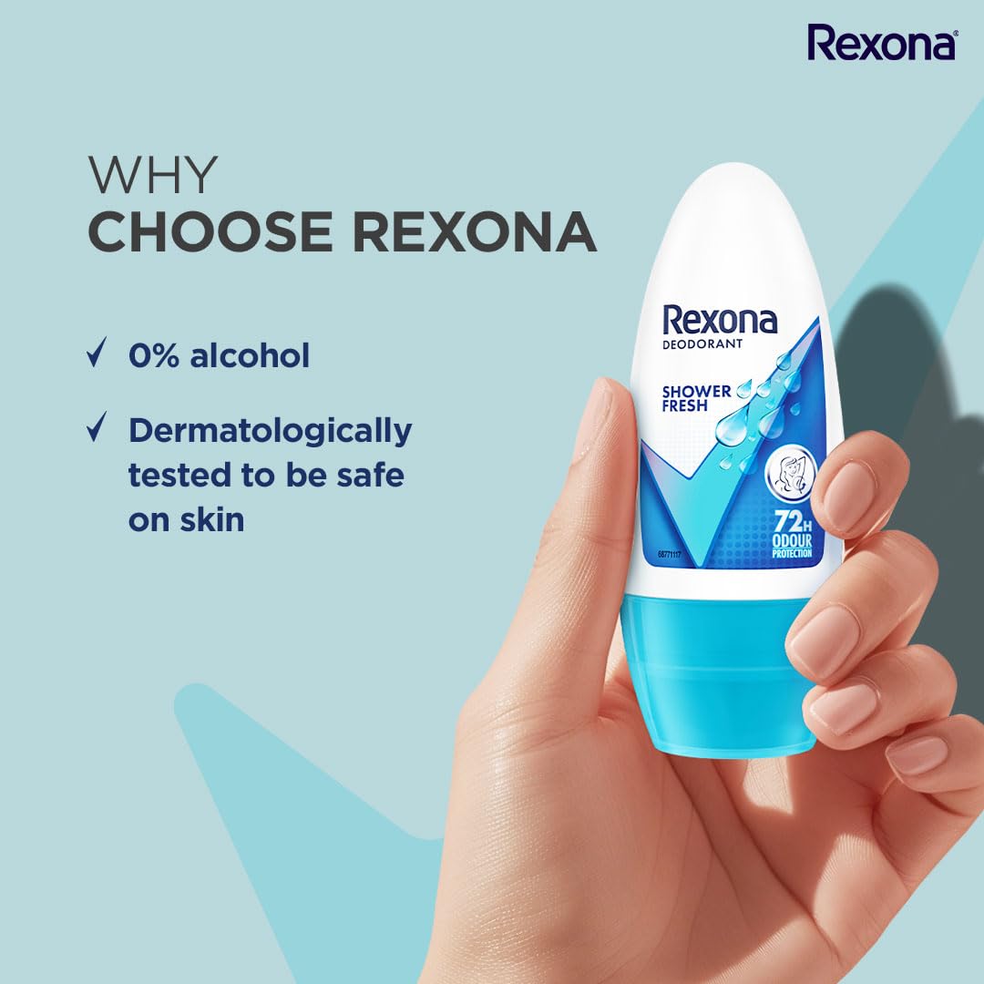 Rexona Shower Fresh Underarm Roll On Deodorant For Women, Antiperspirant, Removes Odour, Keeps Skin Fresh & Clean, Alcohol Free, Skin Friendly, 50 ml