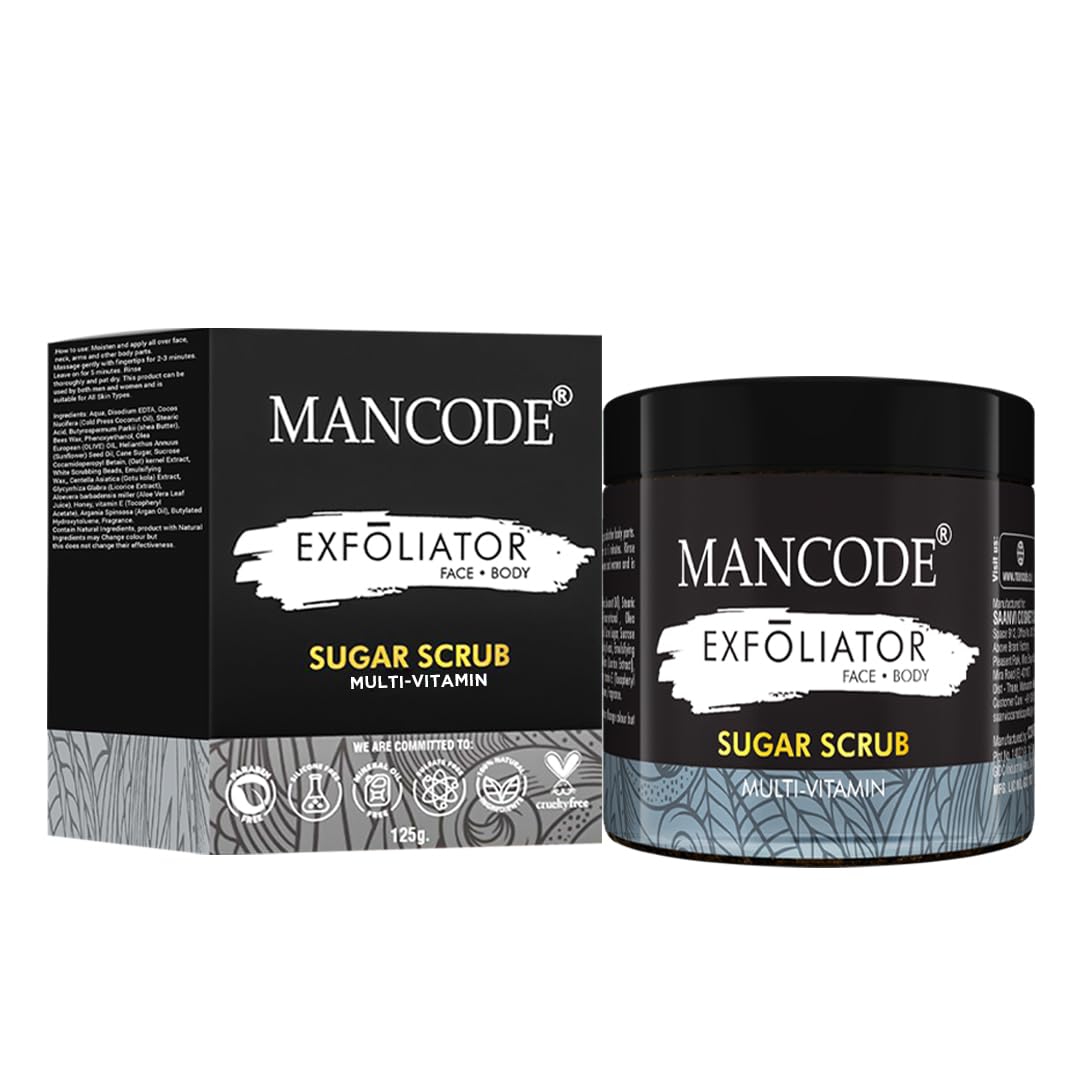 Mancode Multi-Vitamin Sugar Scrub for Face & Body for Tan Removal Exfoliating Detan Scrubs for Glowing Soft & Smooth Skin Removes Tan, Blackheads and Dirt For Men & Women 125gm.