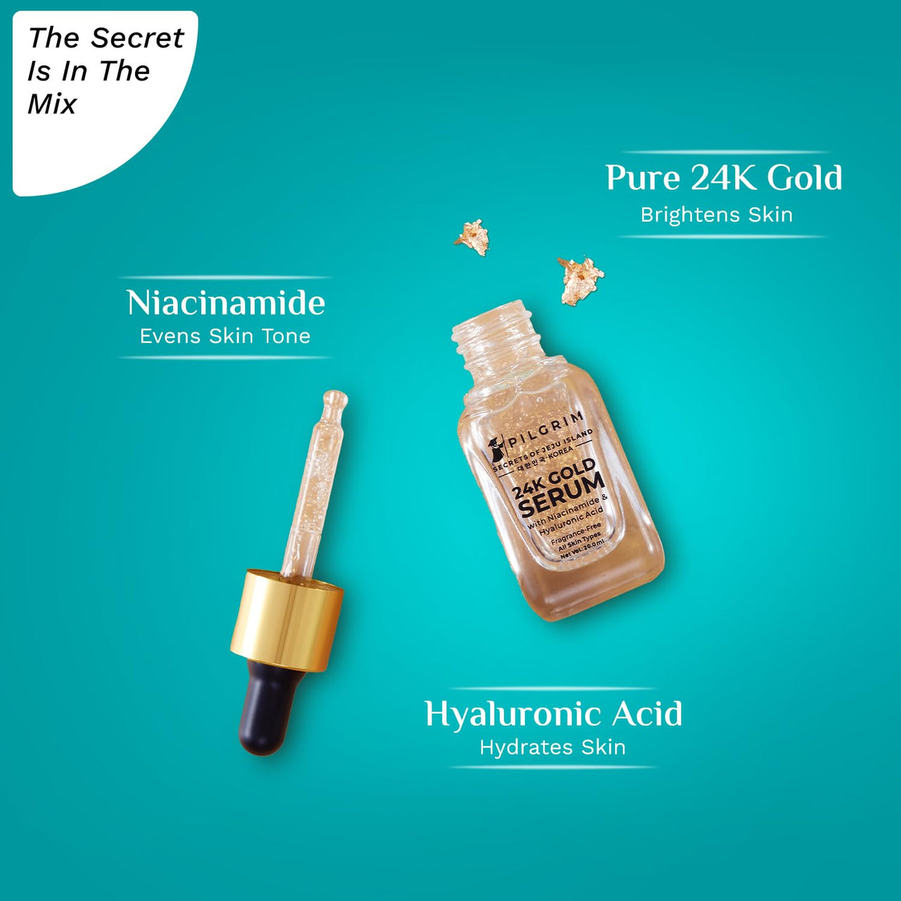 Pilgrim 24K Gold Face Serum With Niacinamide & Hyaluronic Acid, Dewy Primer For Face Make-Up For All Skin Types, Korean Skin Care For Unisex, 20ml