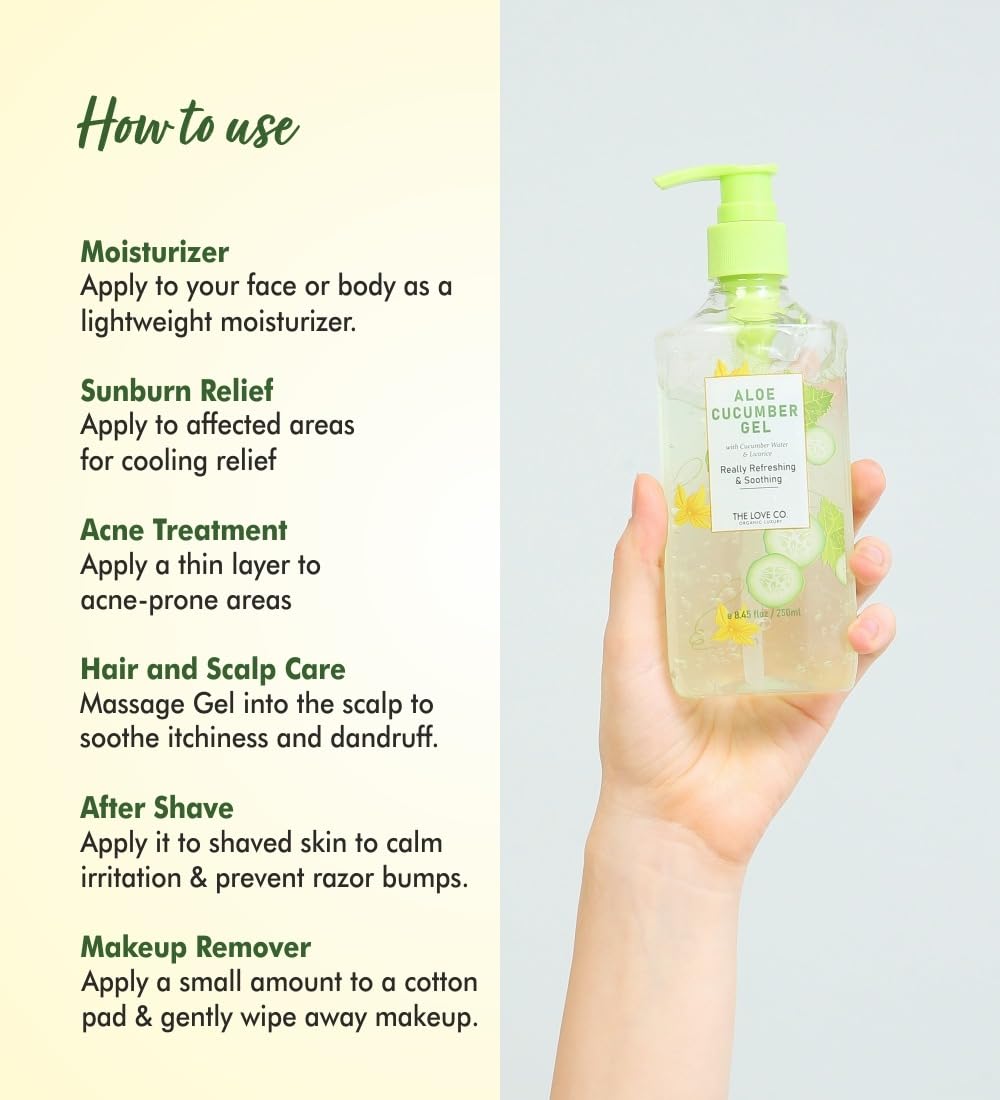 THE LOVE CO. Aloe Vera & Cucumber Extract Gel - 250ml | Refreshing Hydration & Soothing Formula | Natural Moisturizer for Face and Body | Suitable for All Skin Types
