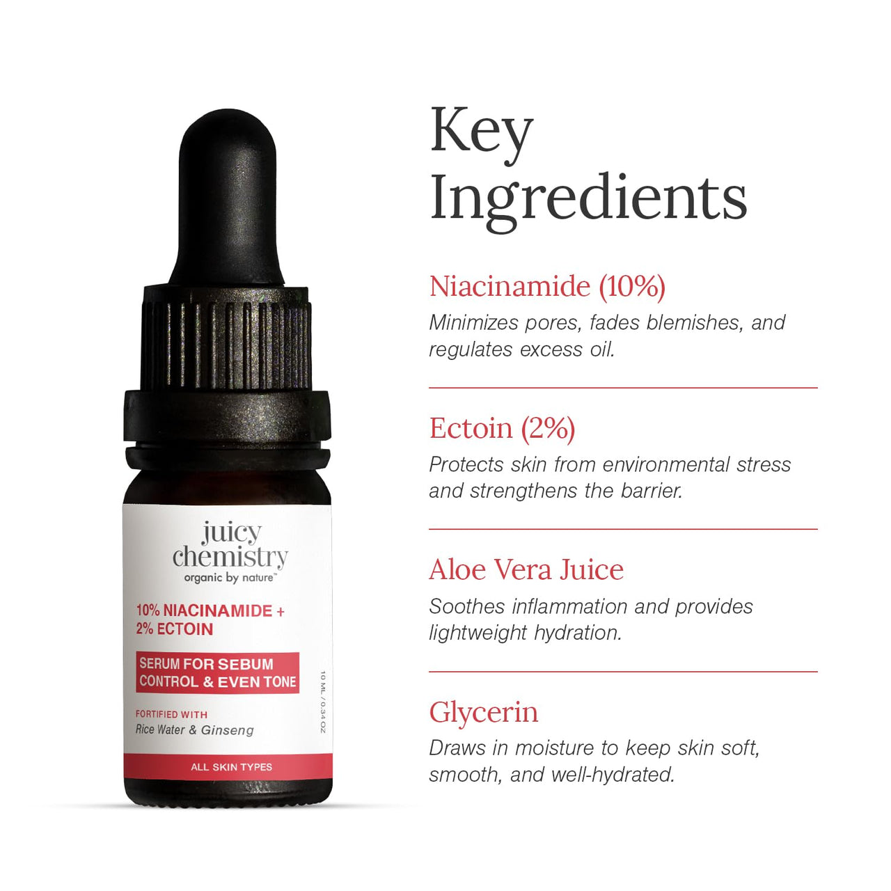 Juicy Chemistry 10% Niacinamide + 2% Ectoin Face Serum, 10 ml | Oil Control, Pore Refining & Skin Barrier Support | Lightweight & Fragrance-Free