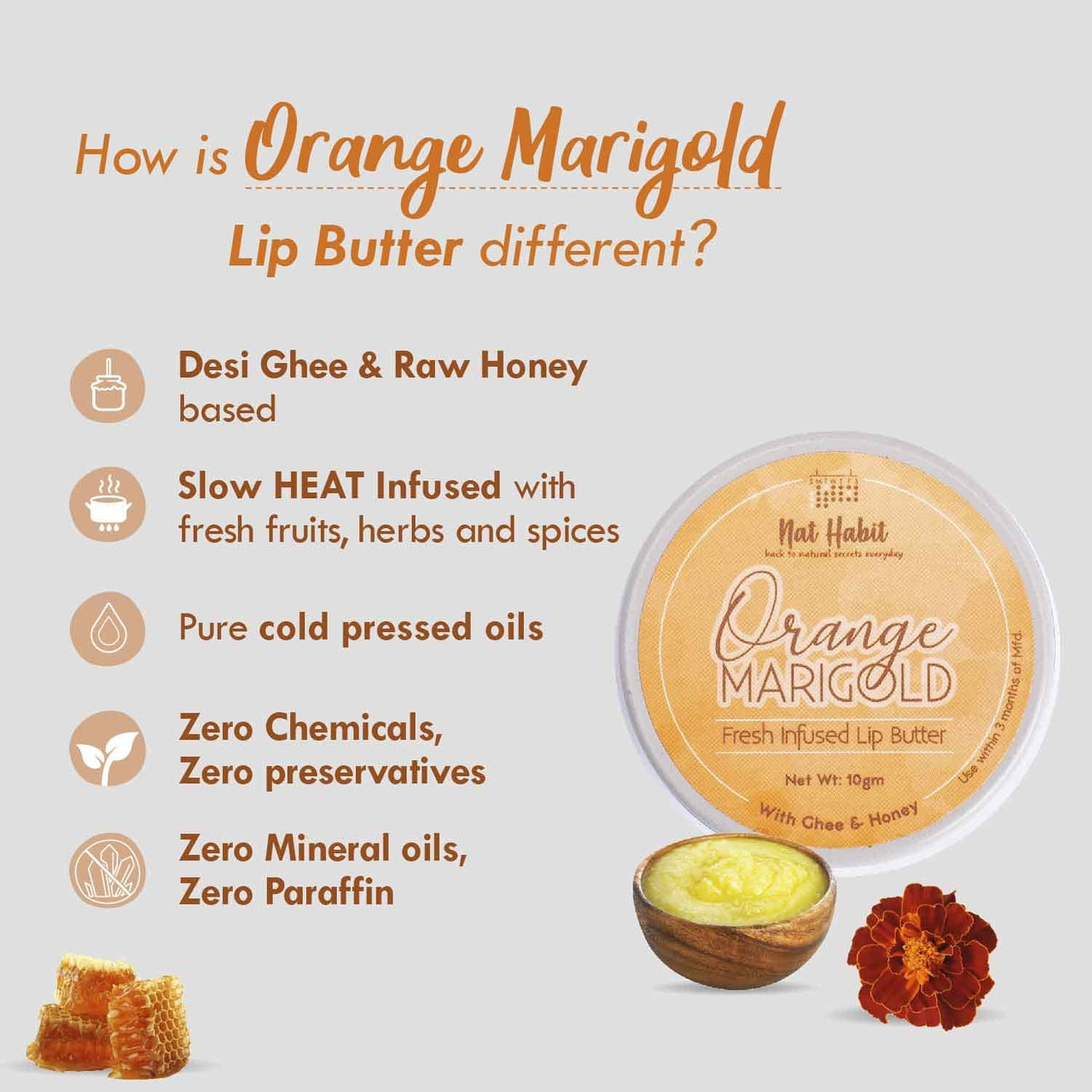 Nat Habit Orange Marigold Lip Balm Fresh Infused Lip Butter With Desi Ghee & Raw Honey For Lip Pigmentation, Lightening, Lip Repair, Dark And Chapped Lips (10gm) (Pack of 2)