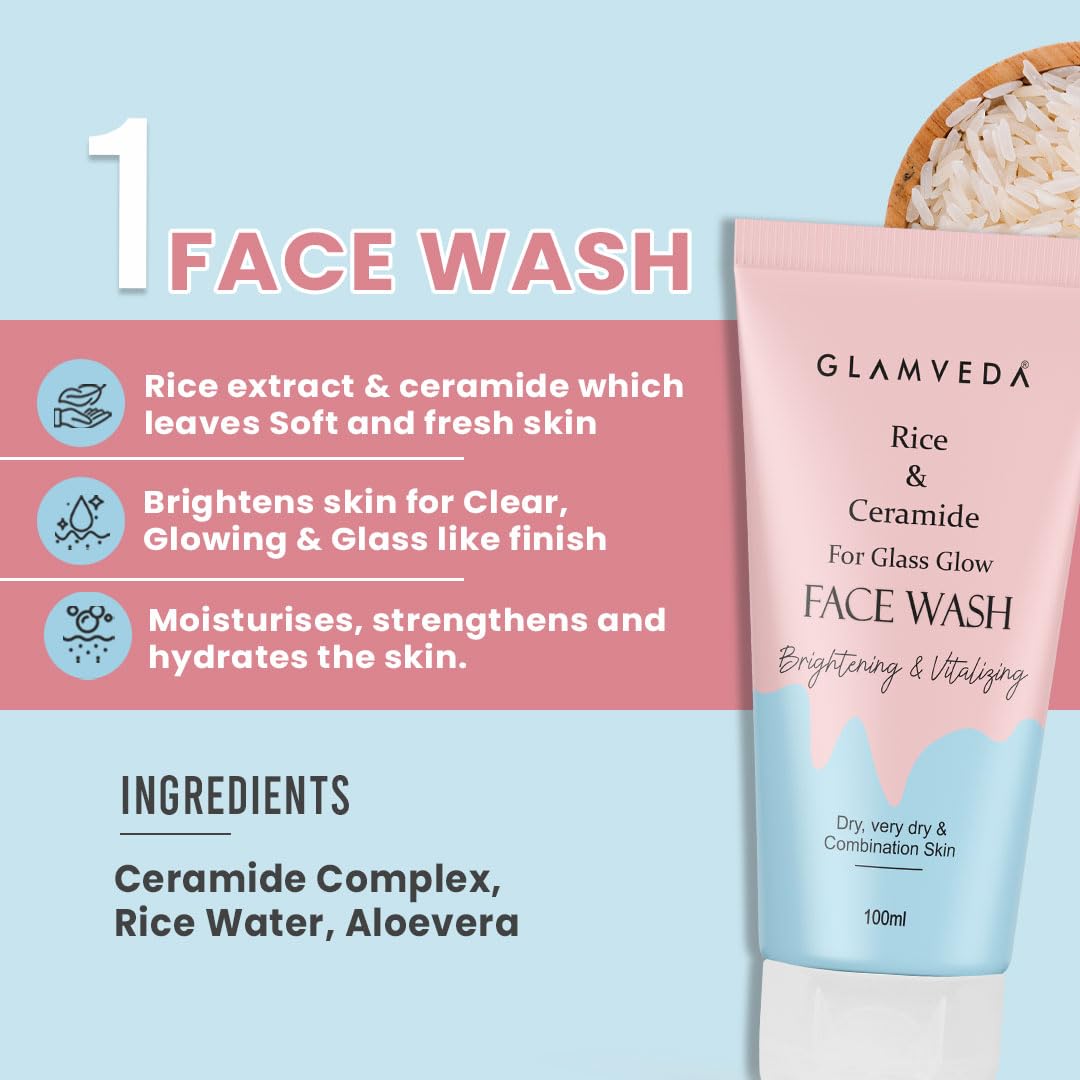 Glamveda Rice & Ceramide Combo | Skin Brightening & Anti Dullness | Improves skin barrier | Suitable For Dry to Combination Skin types | Face Wash & Peel Off Mask Combo