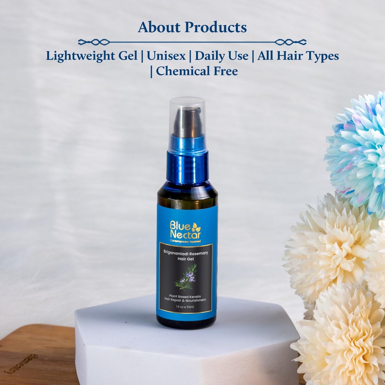 Blue Nectar Rosemary Hair Gel for Curly & Frizzy Hair | Plant Based Keratin Hair Moisturizer for Women & Men | Suitable for All Hair Types (12 Herbs, 50ml)