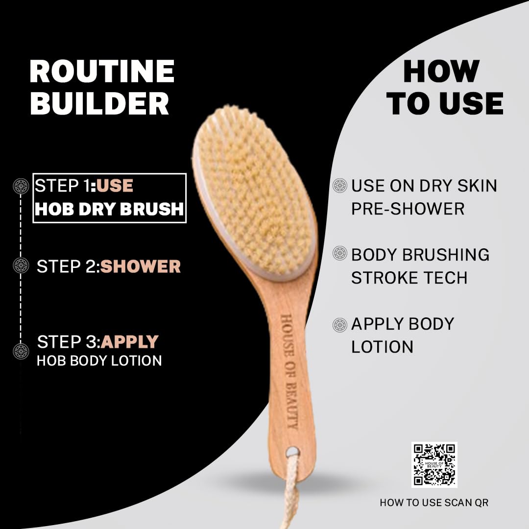 HOUSE OF BEAUTY Wooden Dry Body Brush For Body Massage With Long Handcrafted Handle, Natural Exfoliating, Lymphatic Drainage, Cellulite, Blood Circulation & Dead Skin, Brown - (Pack OF 1)