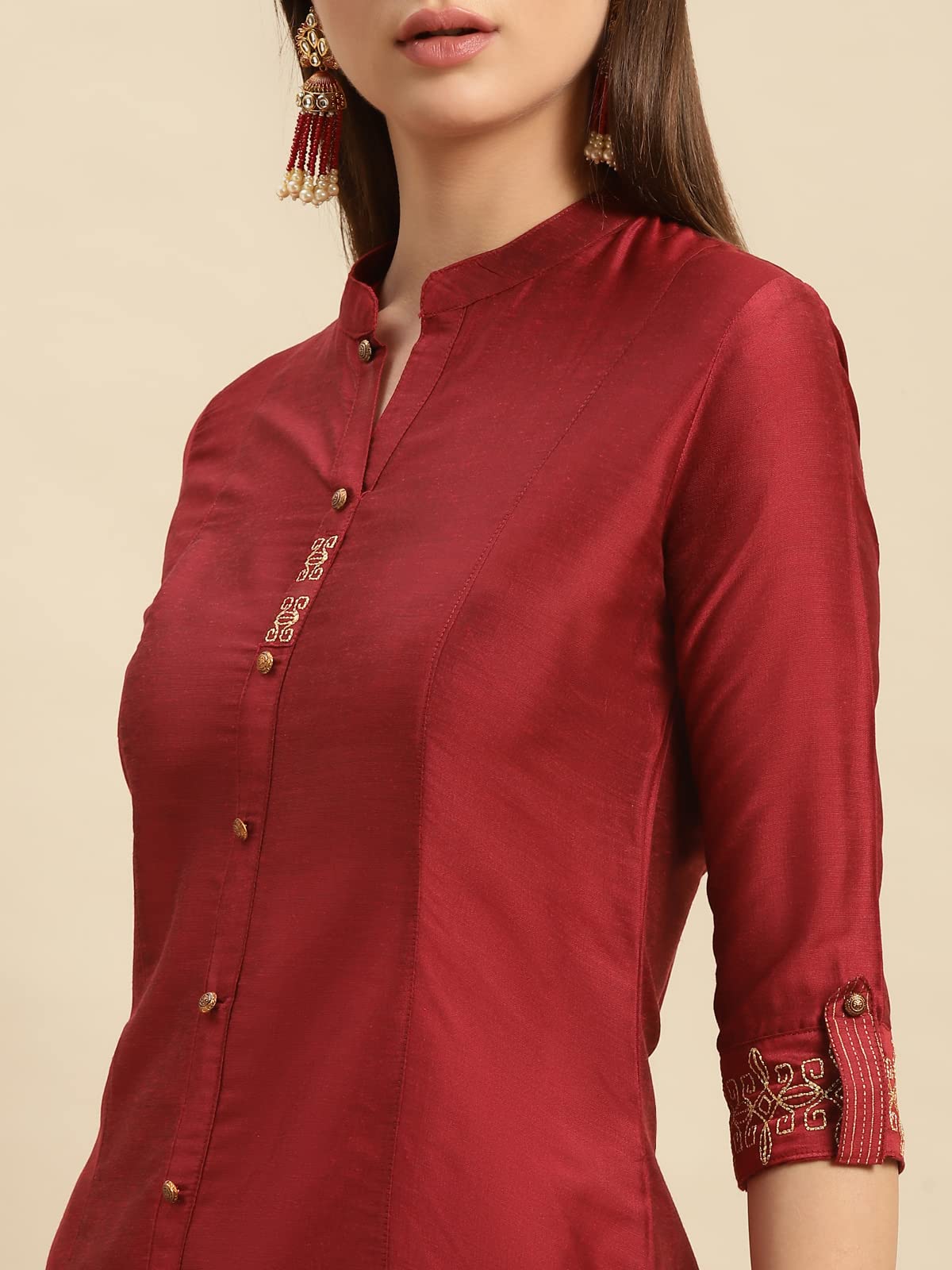 rangita Women Solid Embroidered Calf Length A Line Kurti with Sleeves Tabs