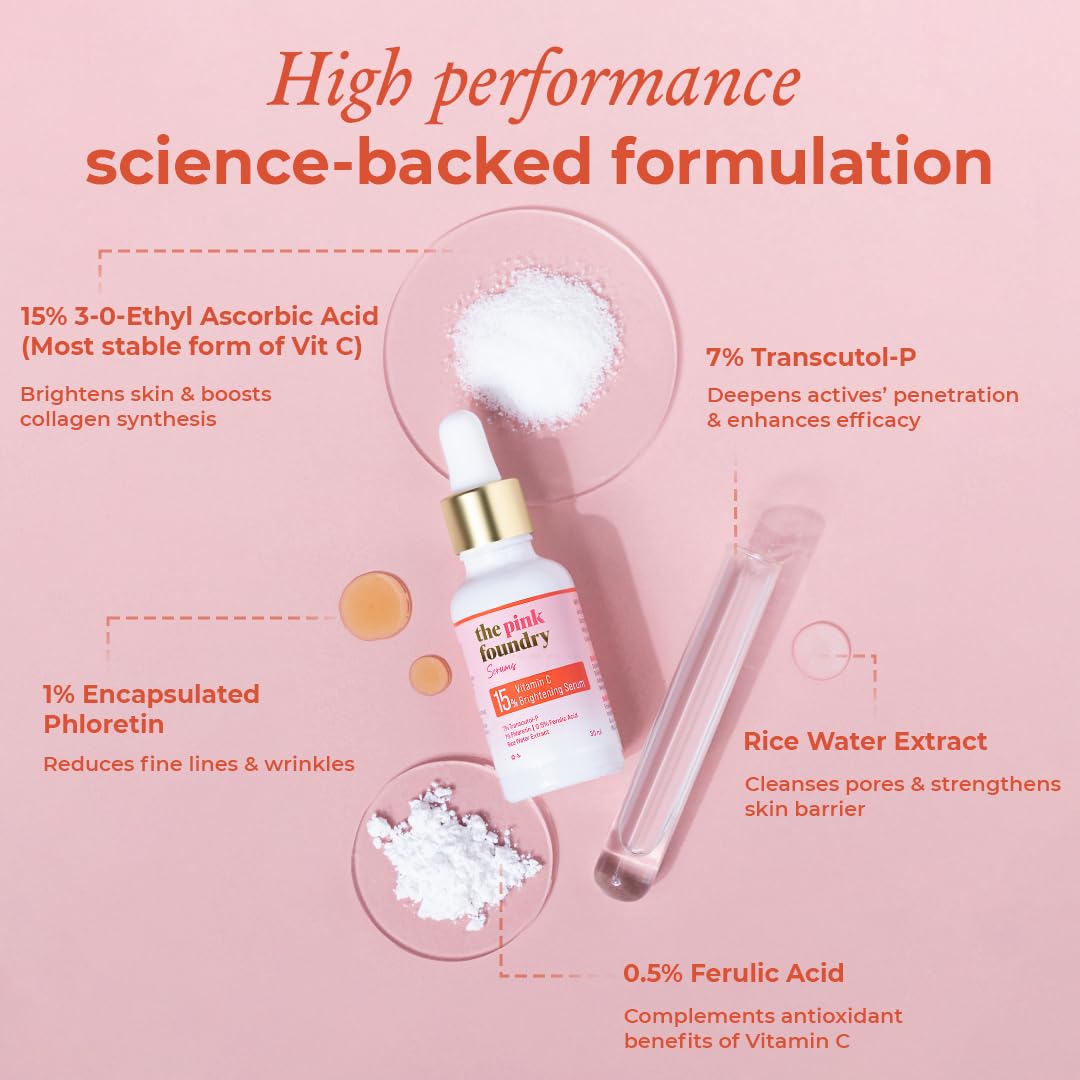 The Pink Foundry 15% Vitamin C Face Birghtening Serum | for Glowing Skin | Improves Dull Skin with 7% Transcutol-P, Phloretin & Rice Water | Light Weight & Non-Greasy | All Skin Types | Vegan | 30ml
