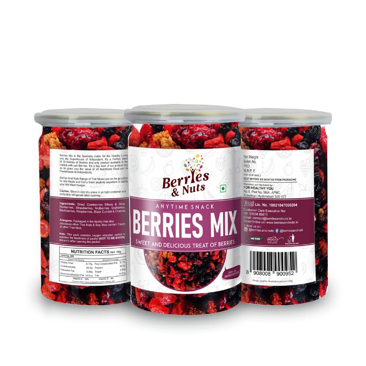 Berries And Nuts Super Berries Mix | Dried Mixed Berries, High in Antioxidants | Cranberries, Blueberries, Gojiberries, Blackberries, Raspberries, Strawberries | 400 Grams | 2 Bottles of 200 Grams