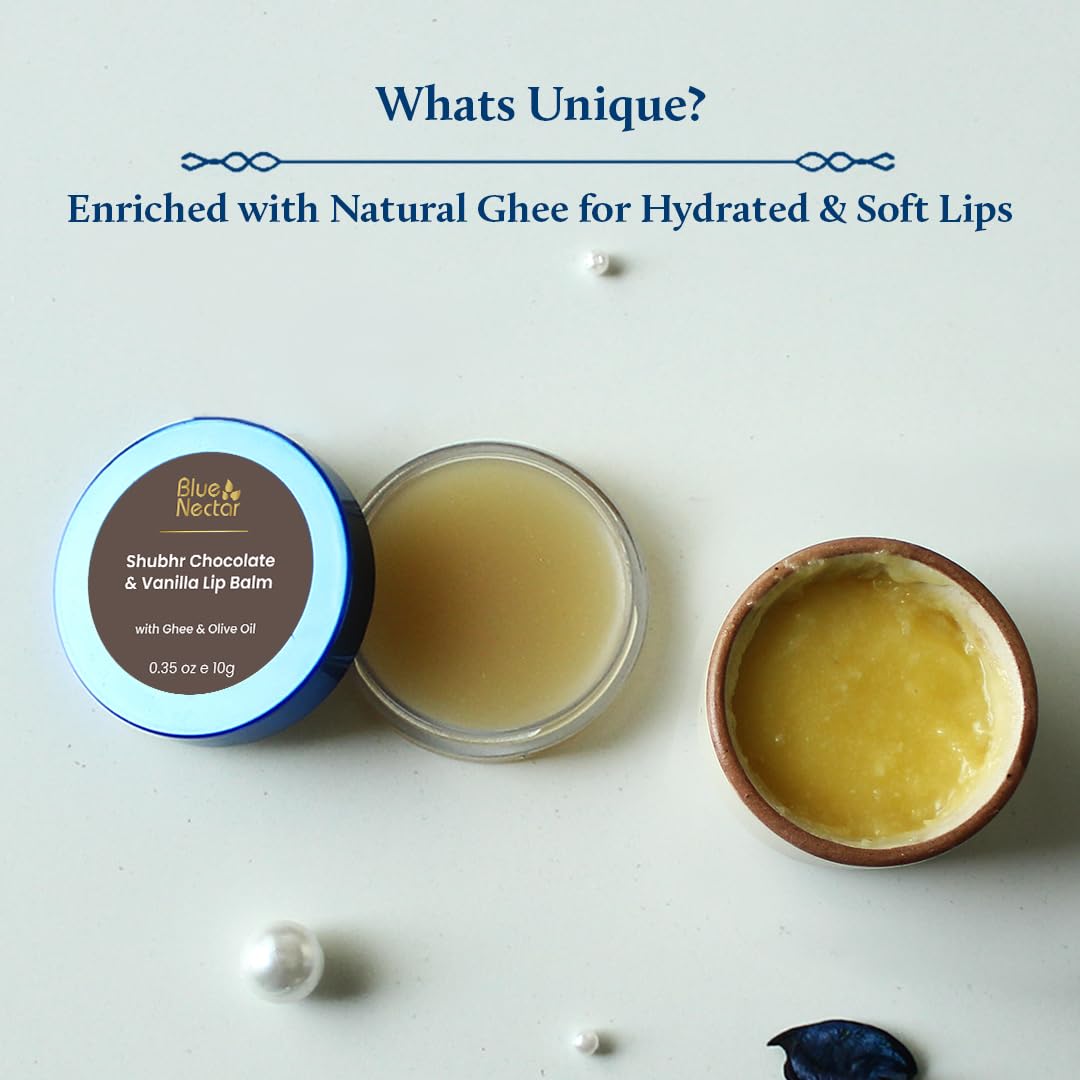 Blue Nectar Shubhr Chocolate & Vanilla Lip Balm & Gloss with Ghee for Dry Chapped Lips | 100% Ayurvedic | Paraben & Sulphate Free (10g, 12 Herbs)