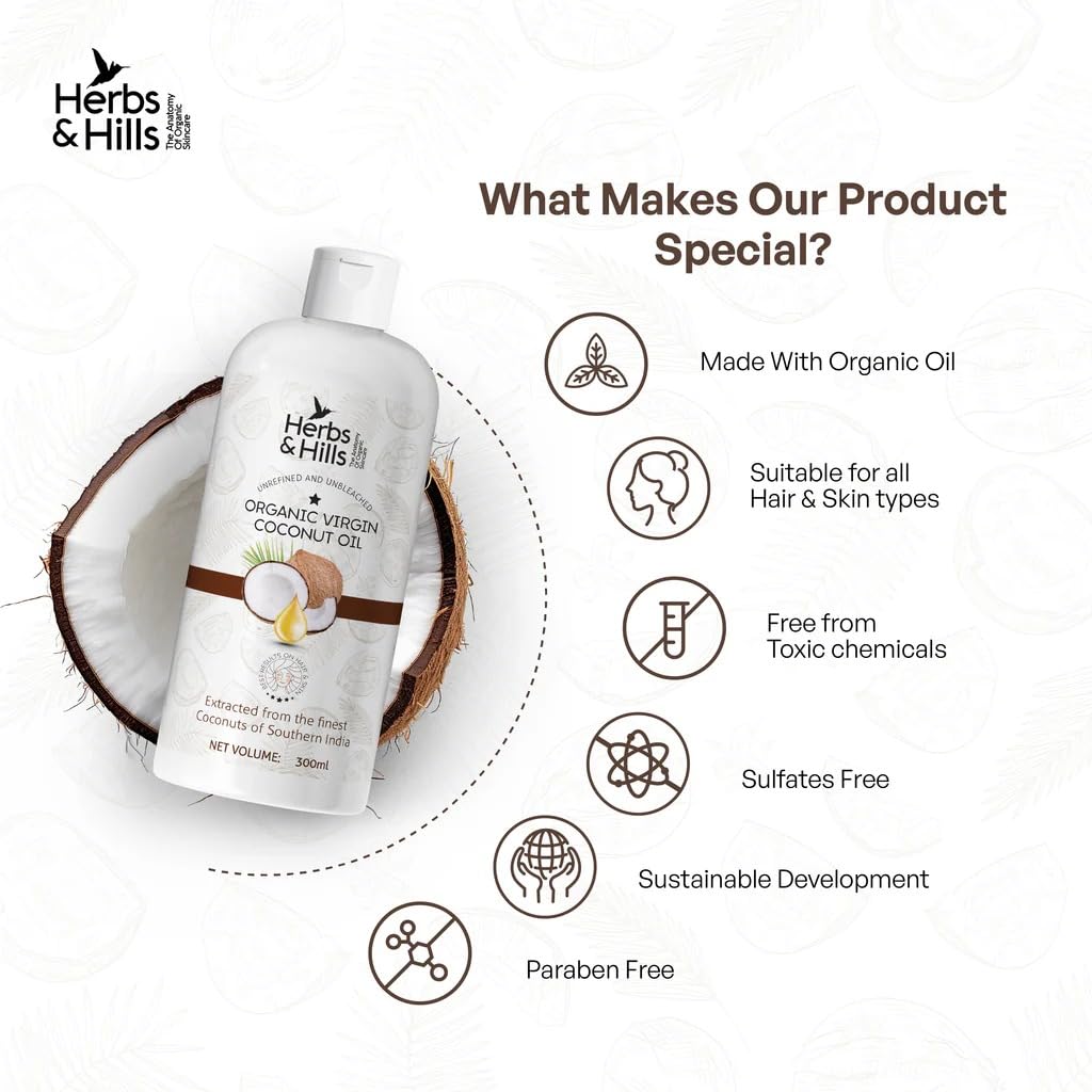 Herbs & Hills Coconut Hair Oil 300ml | Coconut Milk and AnaGain for Strong & Shiny Hair | Oil For Hair Fall, Strength, Damage, Thinning | Healthy, Nourished Hair