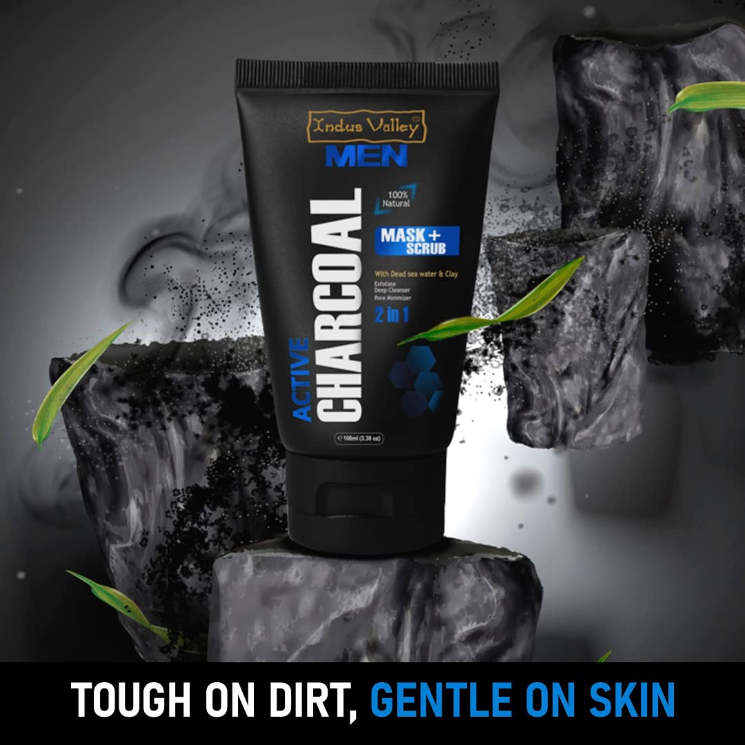 INDUS VALLEY Men 100% Natural 2 in 1 Active Charcoal Face Mask and Scrub With Dead Sea Water & Clay - (100ml)