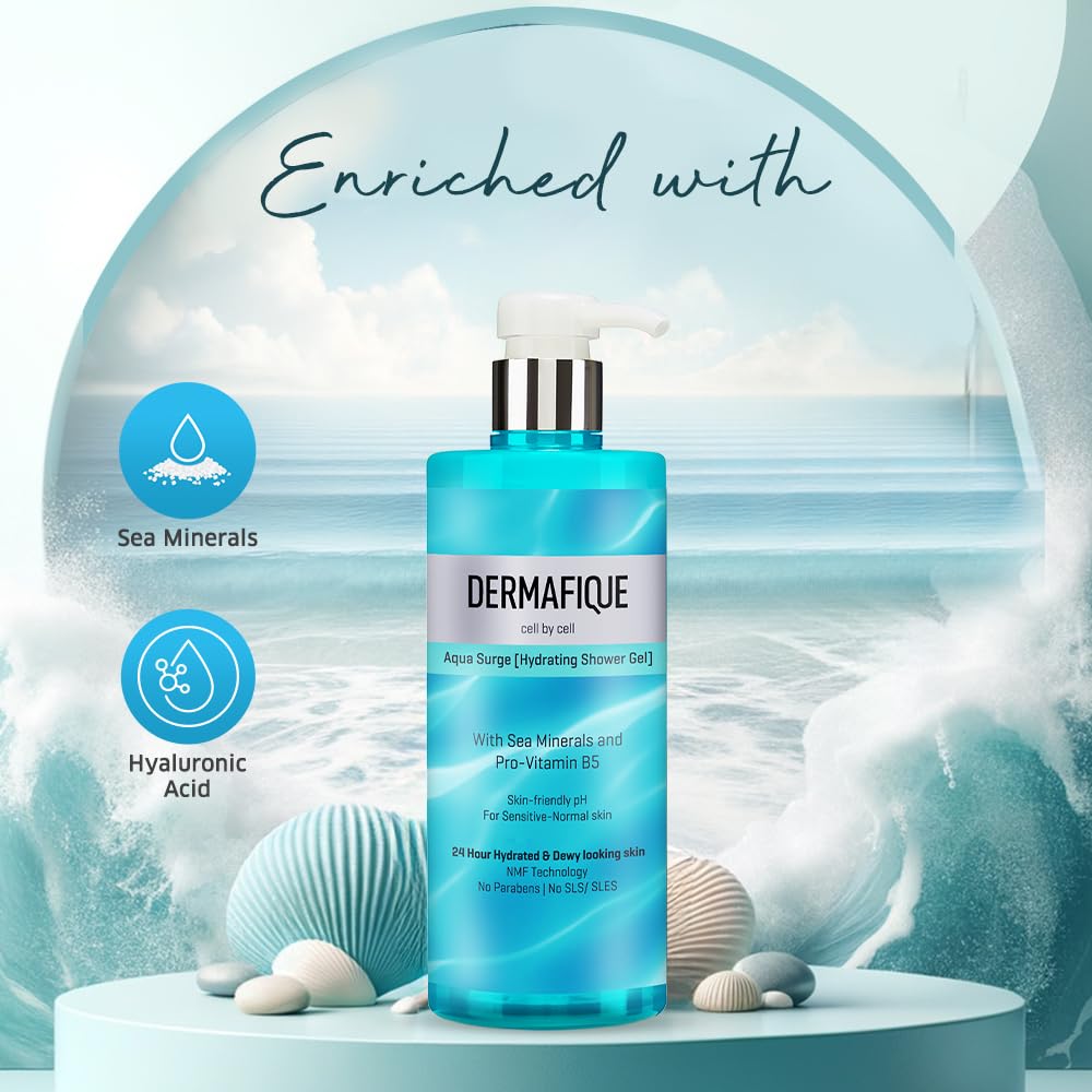 Dermafique Aqua Surge Shower Gel 500ml, Body Wash for Women & Men, No Parabens/SLS/SLES, with Sea Mineral & Pro Vitamin B5, For Hydrated Skin, Suitable for Sensitive-Normal Skin | Dermatologist Tested