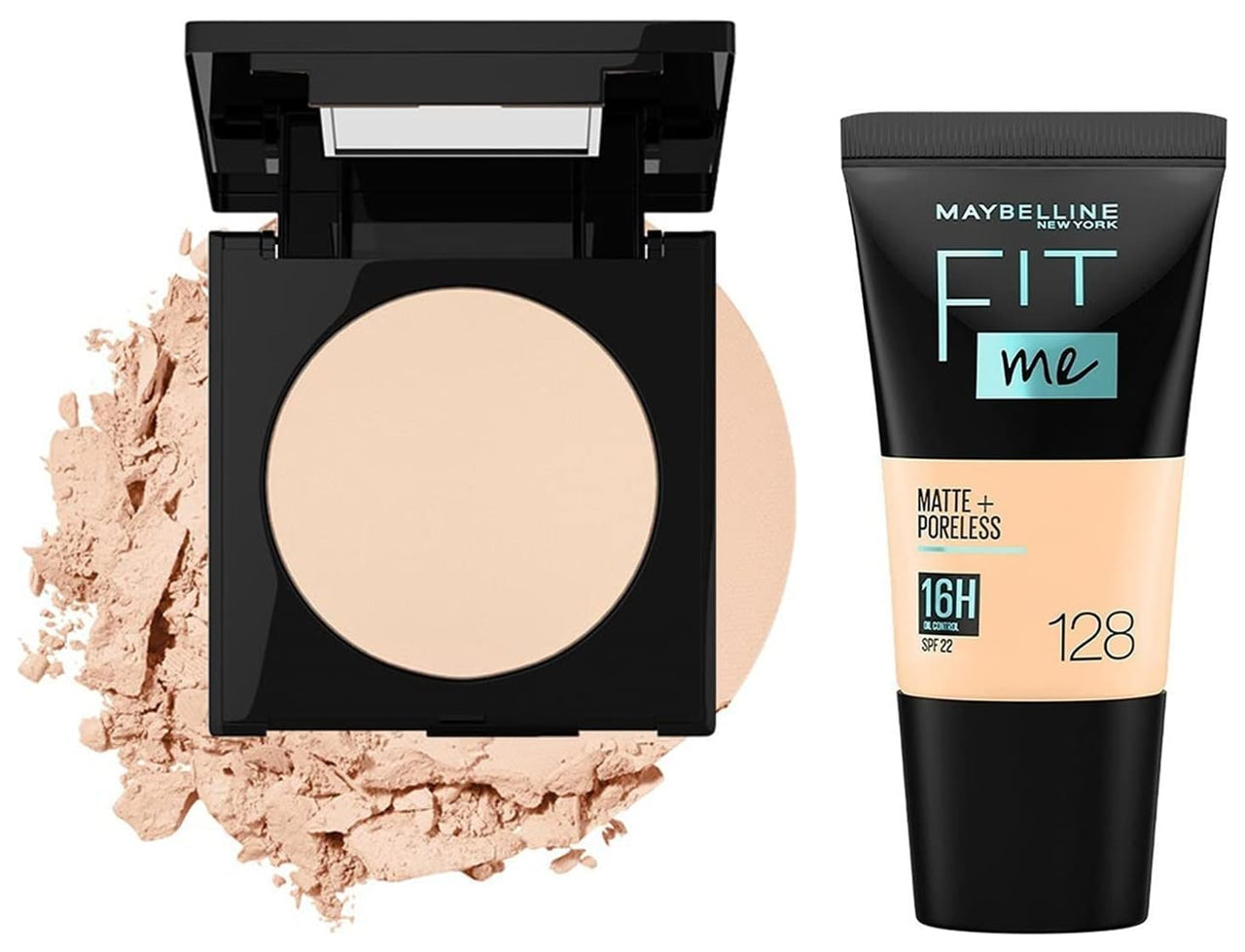 Maybelline New York Fit Me Matte Poreless Powder For Oily,All Skin Types,130 Buff Beige,8.5G And Fit Me Matte+Poreless Liquid Foundation Medium Coverage Tube,128 Warm Nude,18Ml,Pack Of 1