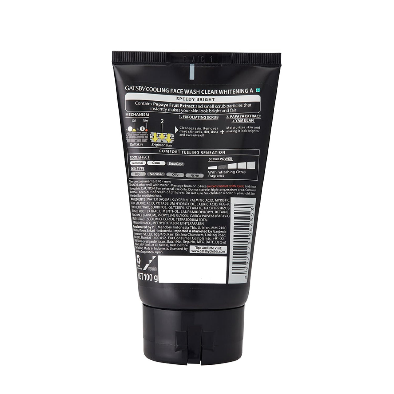 Gatsby Japan Cooling Face Wash - Clear Whitening, Contains Papaya & Yam Bean Extracts, Removes Dullness, Speedy Bright, 100gm