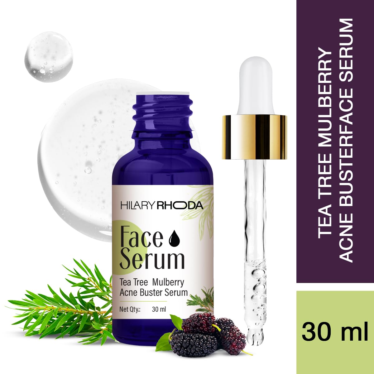 Hilary Rhoda Tea Tree Mulberry Acne Buster Serum for acne free Skin | Non-Irritating Formula | Helps Reduce Acne & Blemishes| with Goodness of Mulberry | 30 ml
