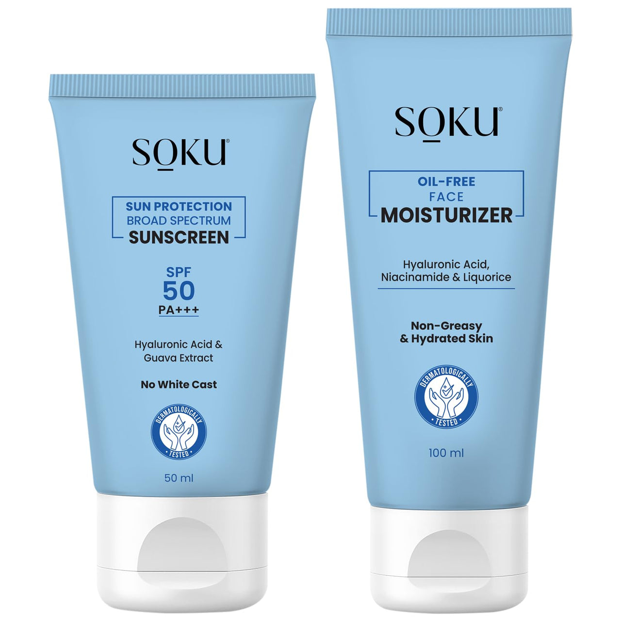 SOKU Daily Hydration & Sun Protection Combo | SPF 50 Sunscreen & Oil-Free Moisturizer | UVA/UVB & Blue Light Protection | With Hyaluronic Acid, Niacinamide & Guava Extract | For All Skin Types