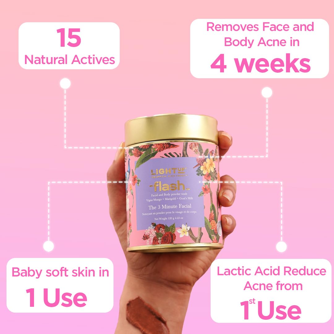 Light Up Flash Face&Body Brightening Ubtan-3 Minute Facial,Goat'S Milk,Marigold,Hibiscus,Rose,Guava&Vitamin C: Instant Glow,Tan Removal,Gentle Exfoliation,Natural Radiance,Bridal-120 Gm,Scrub,1 Count }