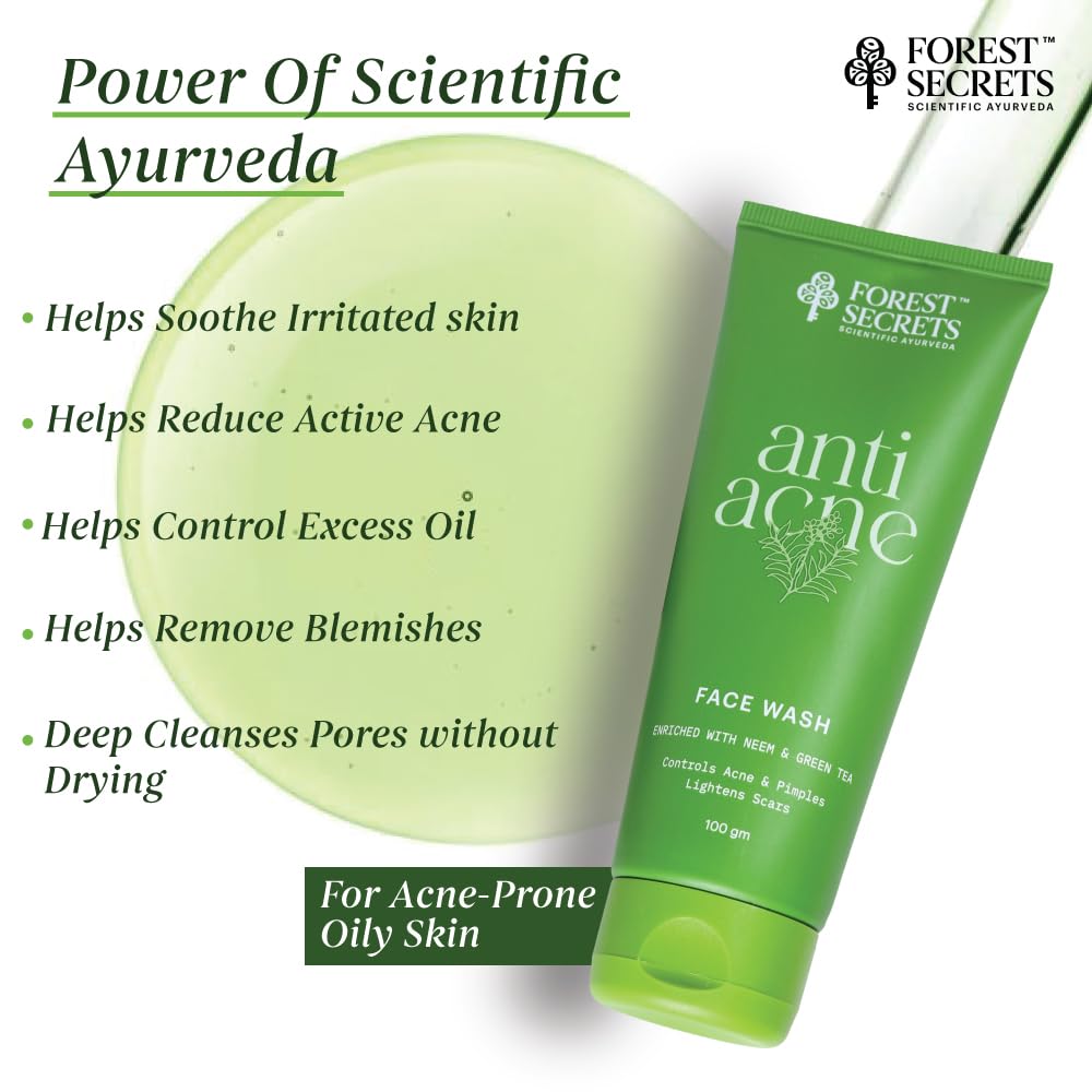 Forest Secrets Anti-Pimple Face Wash | Neem & Green Tea | Controls Acne & Pimples | Lightens Acne Scars | 100Gm