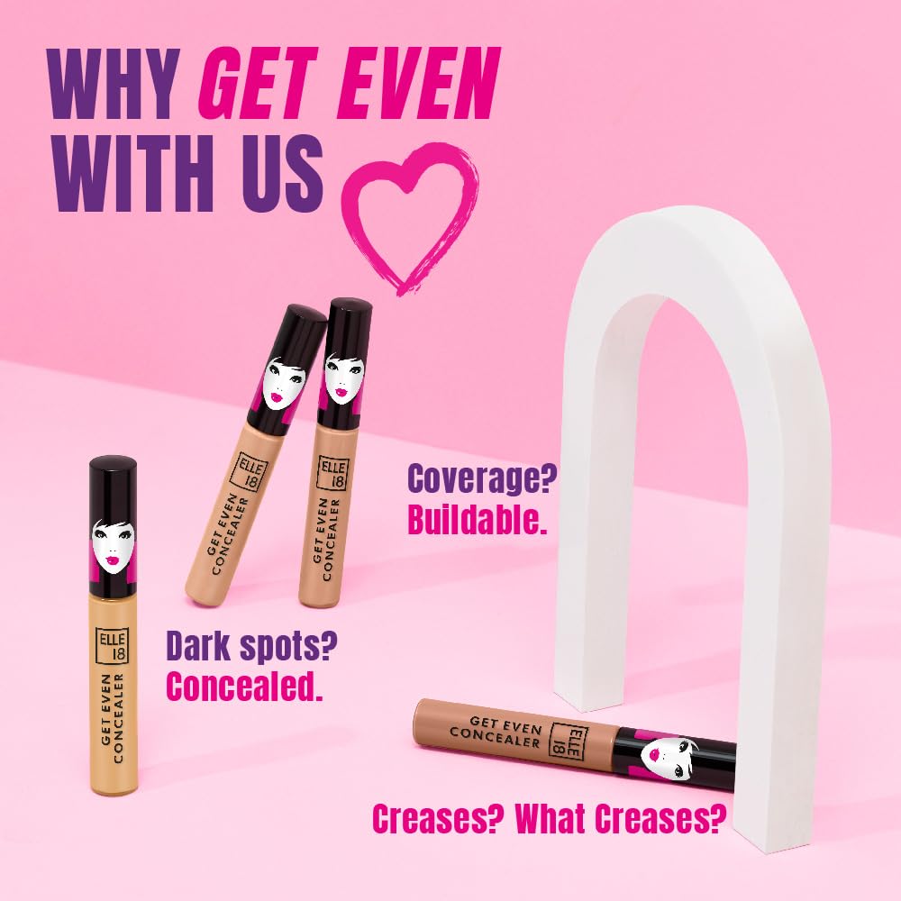Elle18 Get Even Concealer, Marble, Buildable Coverage Concealer, Covers Dark Spots, Under-eye & Fine Lines, Crease Resistant, Infused with Niacinamide| 5.4ml